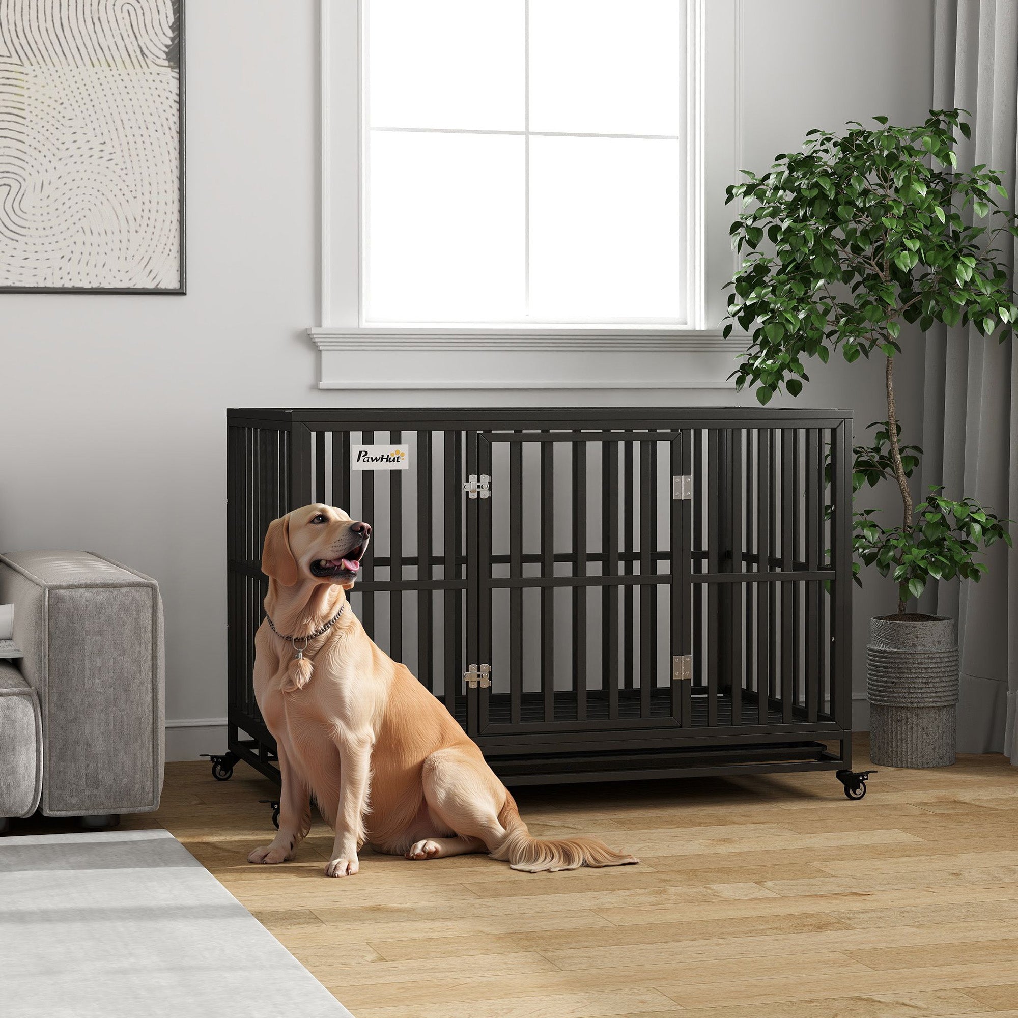 49" Heavy Duty Steel Dog Crate with Wheels - Black-Dogs-DECOROLALA