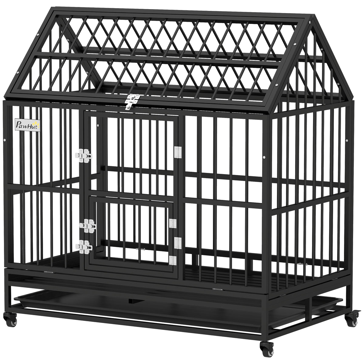 49" Heavy Duty Steel Dog Crate with Wheels and Tray - Black-Dog Supplies-DECOROLALA