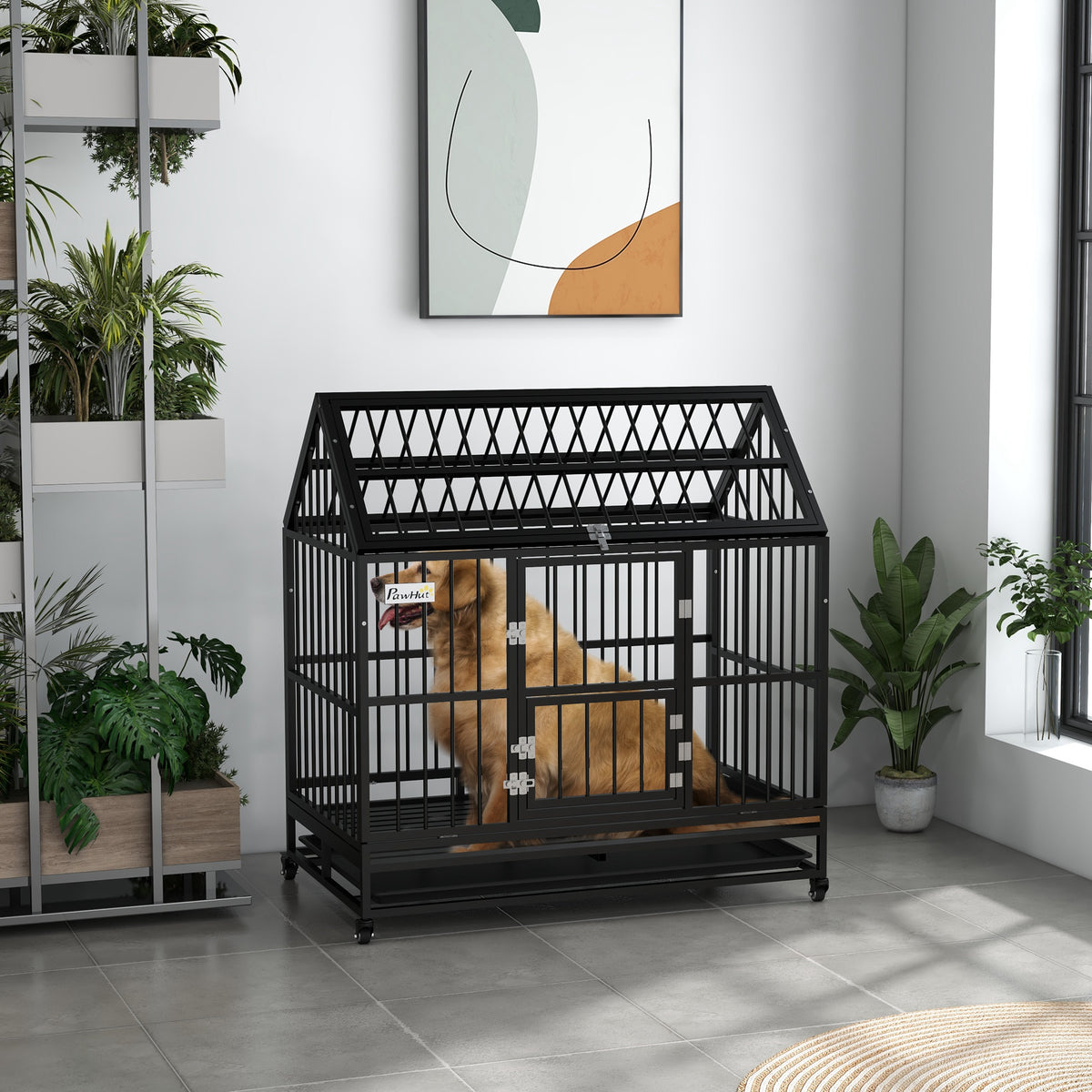 49" Heavy Duty Steel Dog Crate with Wheels and Tray - Black-Dogs-DECOROLALA