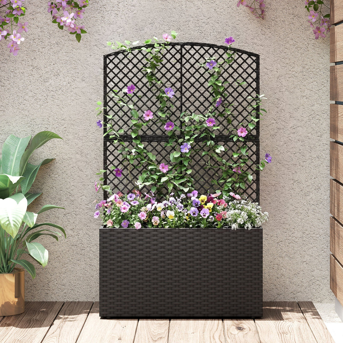 49 Inch Raised Garden Bed with Trellis and Wicker Planter Box-Black-Raised Garden Beds-DECOROLALA