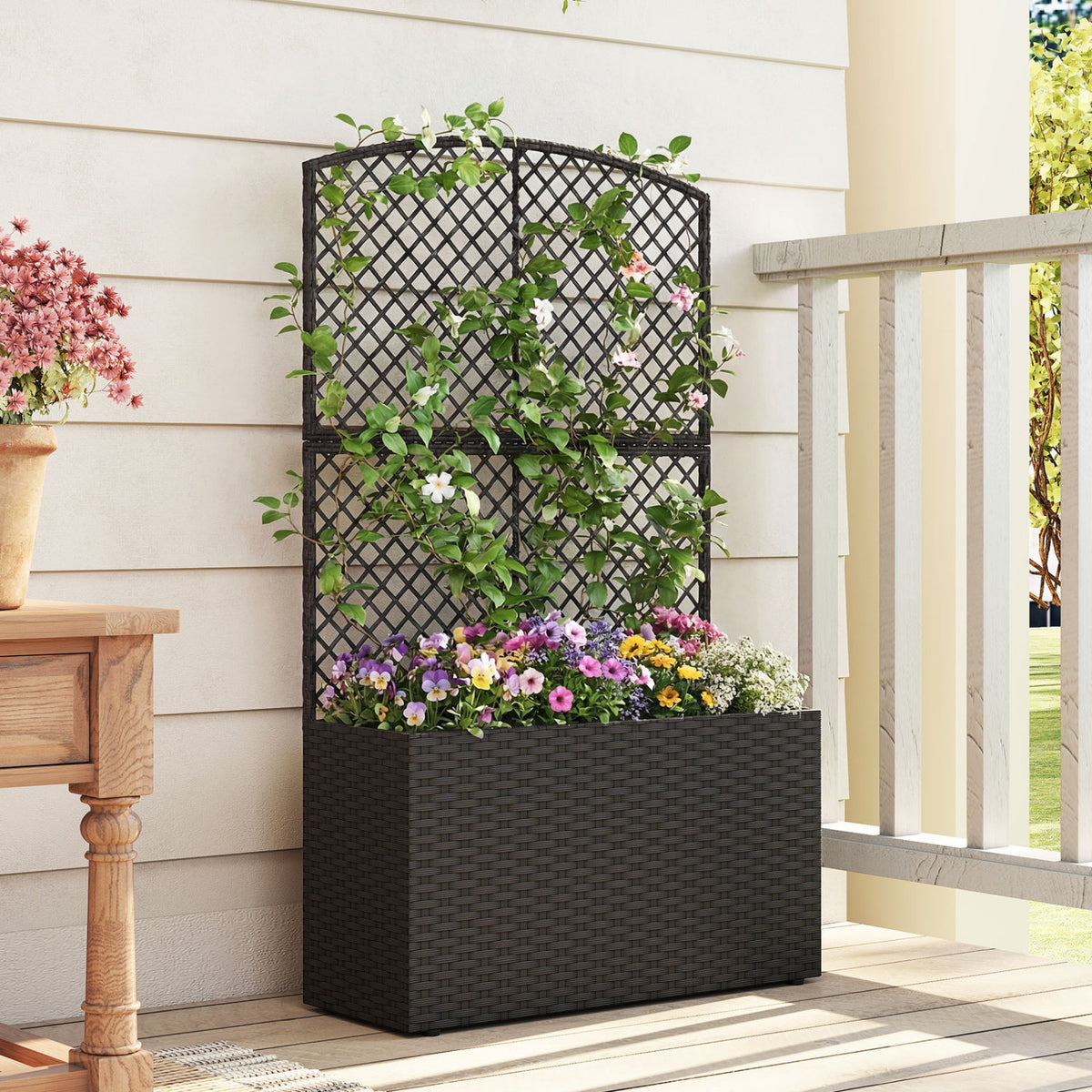 49 Inch Raised Garden Bed with Trellis and Wicker Planter Box-Black-Raised Garden Beds-DECOROLALA