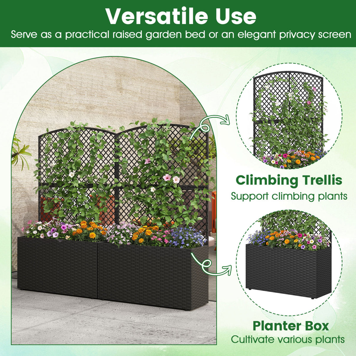 49 Inch Raised Garden Bed with Trellis and Wicker Planter Box-Black-Raised Garden Beds-DECOROLALA