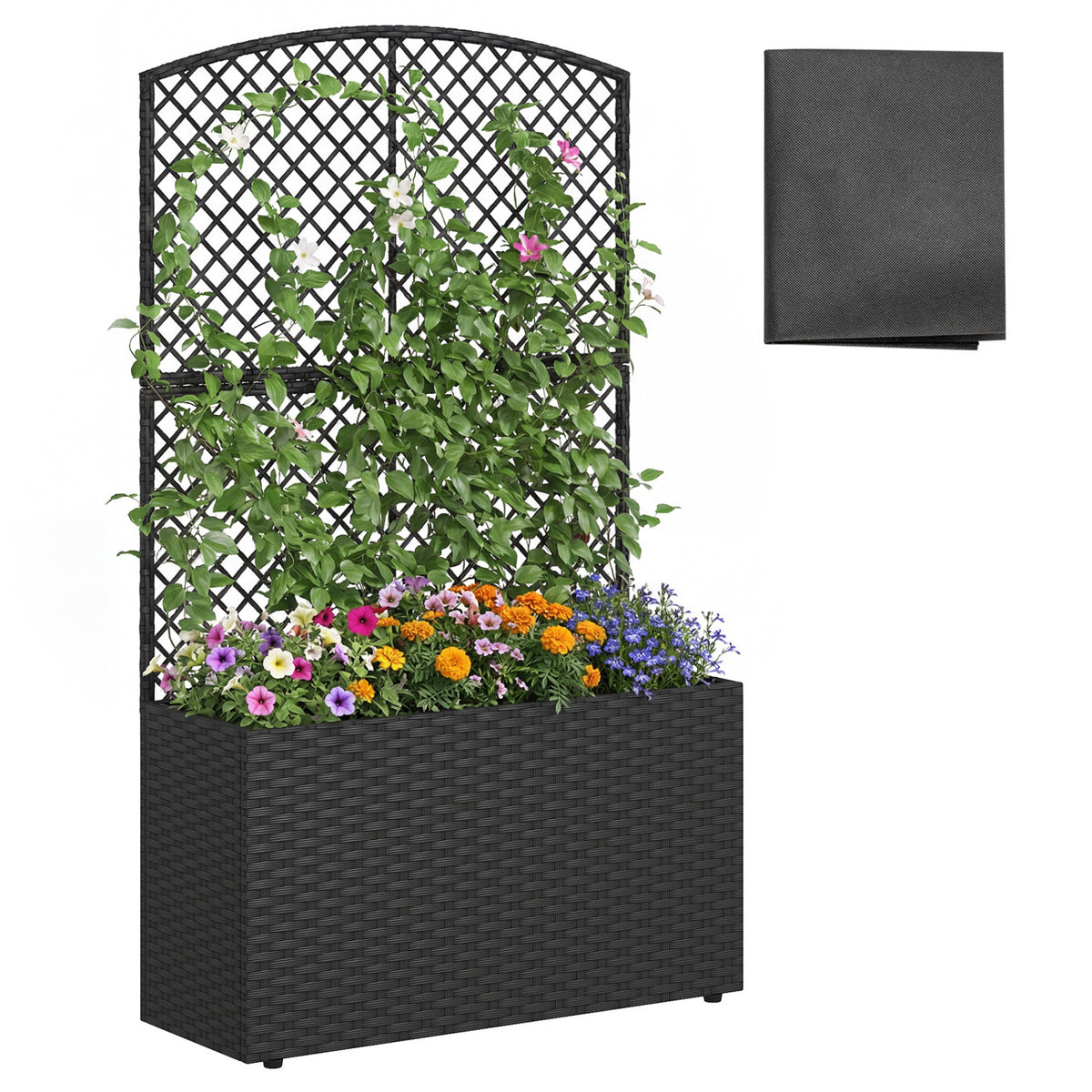 49 Inch Raised Garden Bed with Trellis and Wicker Planter Box-Black-Raised Garden Beds-DECOROLALA