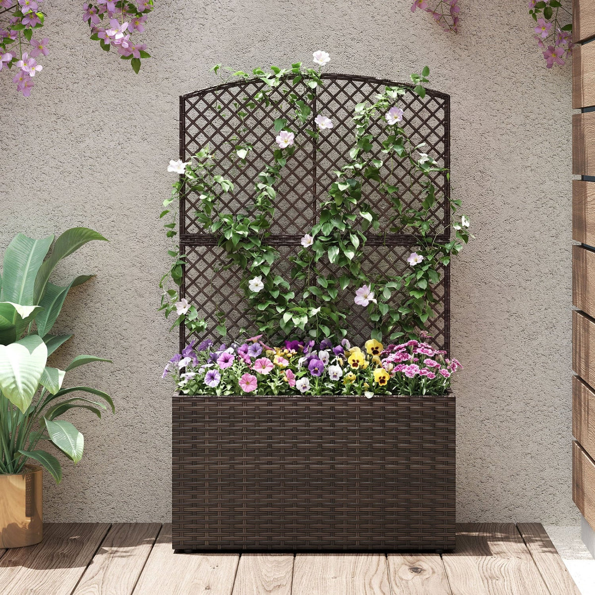 49 Inch Raised Garden Bed with Trellis and Wicker Planter Box-Brown-Raised Garden Beds-DECOROLALA