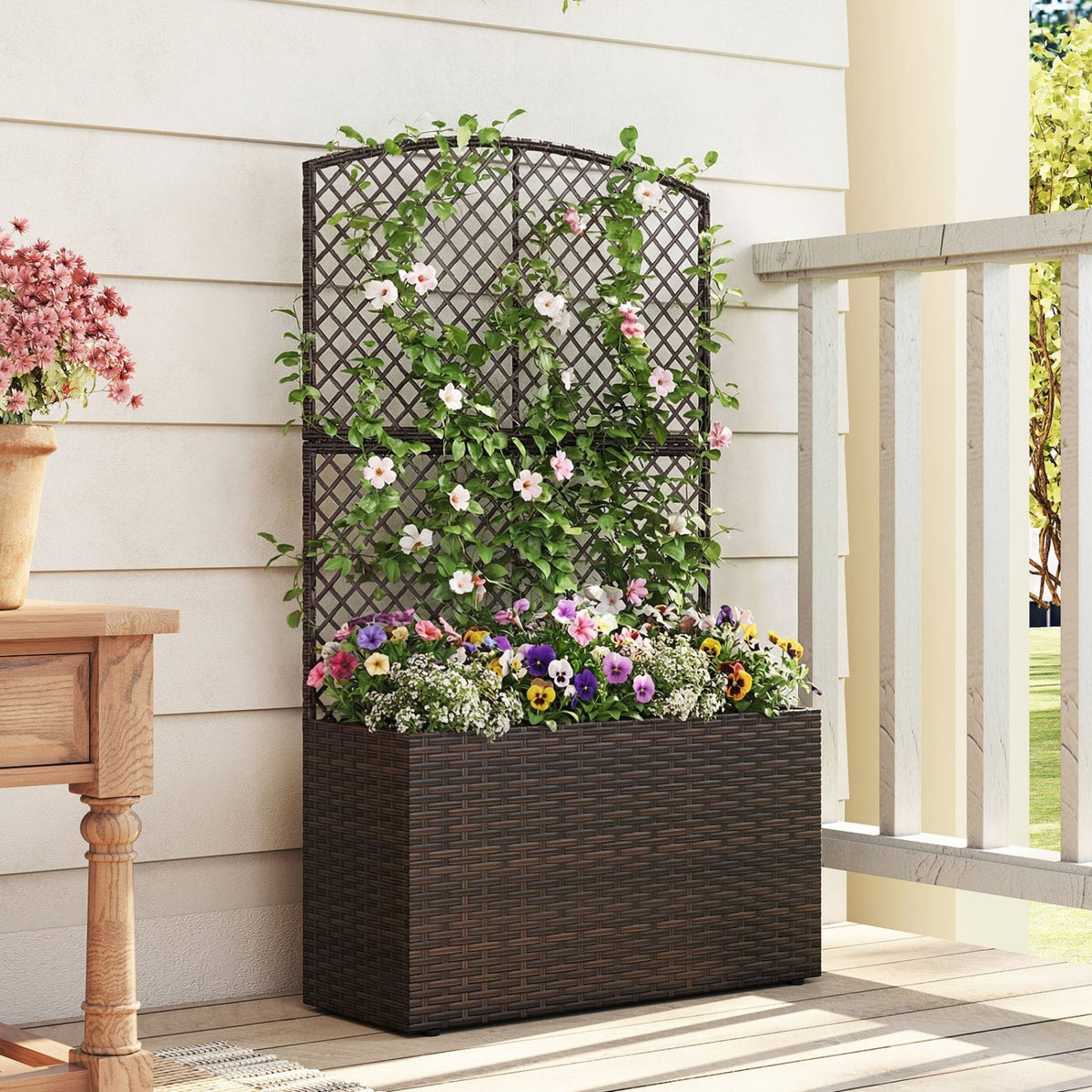 49 Inch Raised Garden Bed with Trellis and Wicker Planter Box-Brown-Raised Garden Beds-DECOROLALA