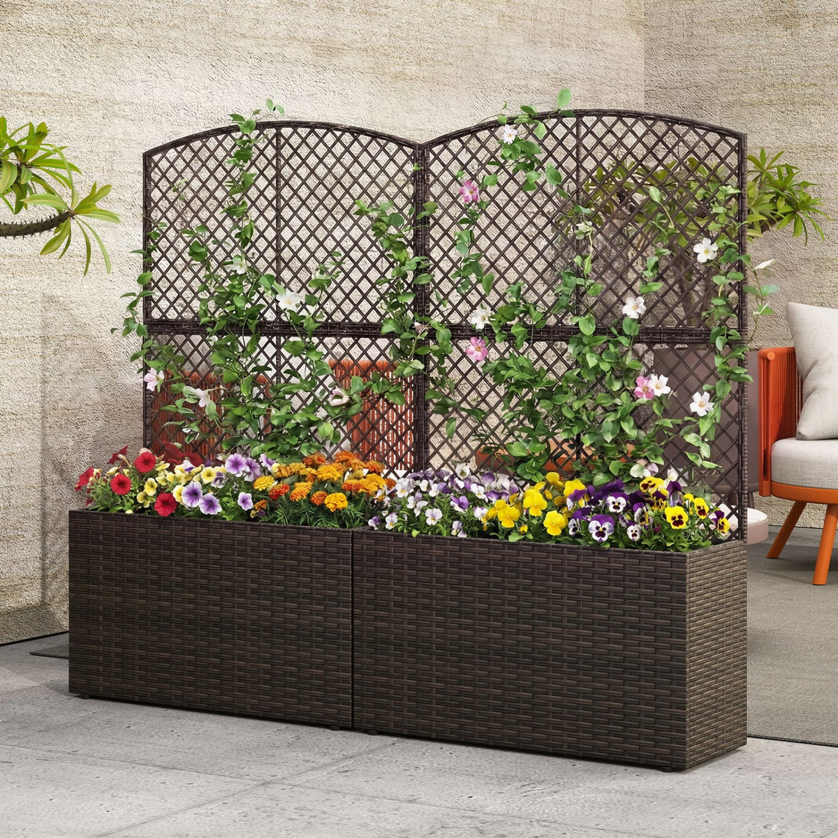 49 Inch Raised Garden Bed with Trellis and Wicker Planter Box-Brown-Raised Garden Beds-DECOROLALA