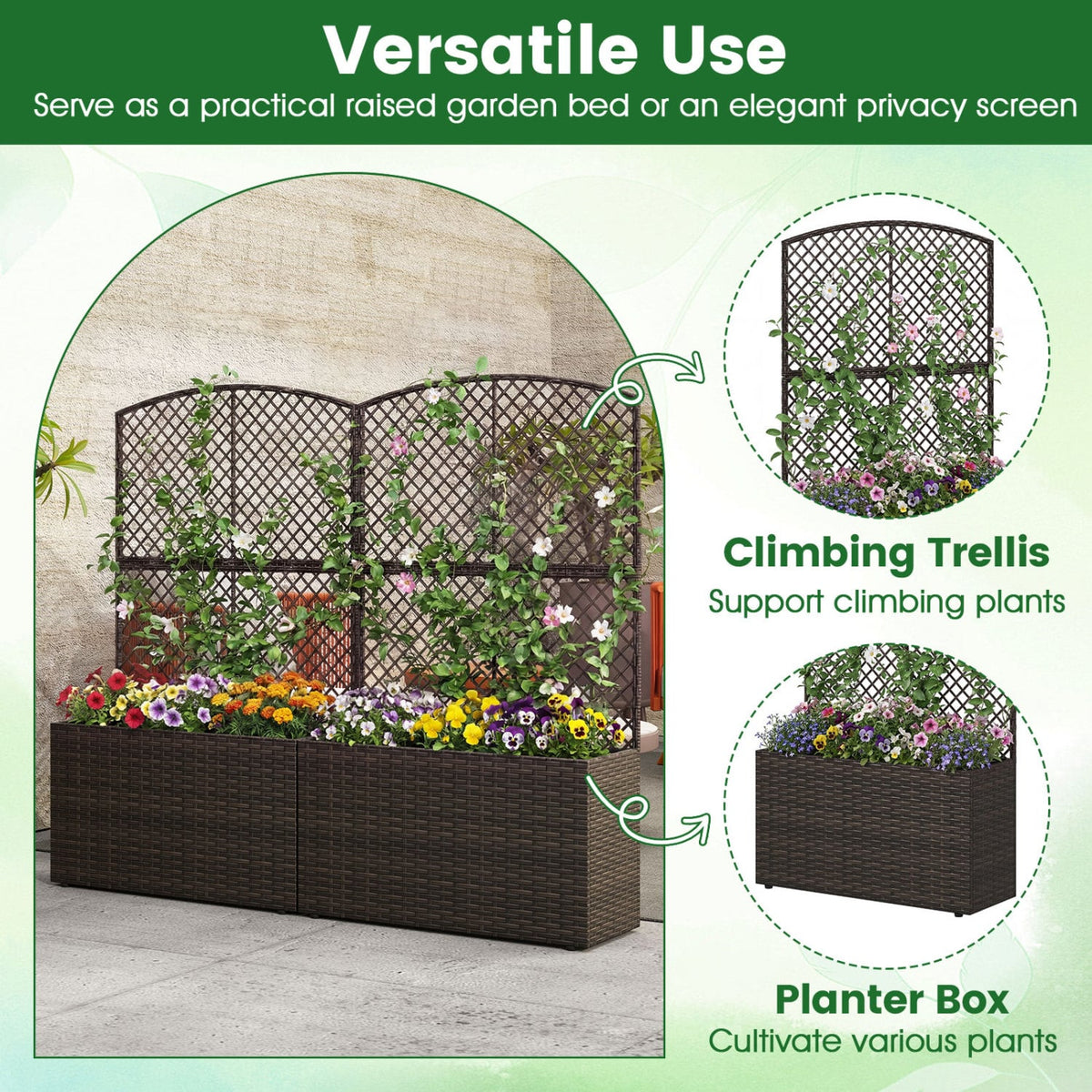 49 Inch Raised Garden Bed with Trellis and Wicker Planter Box-Brown-Raised Garden Beds-DECOROLALA