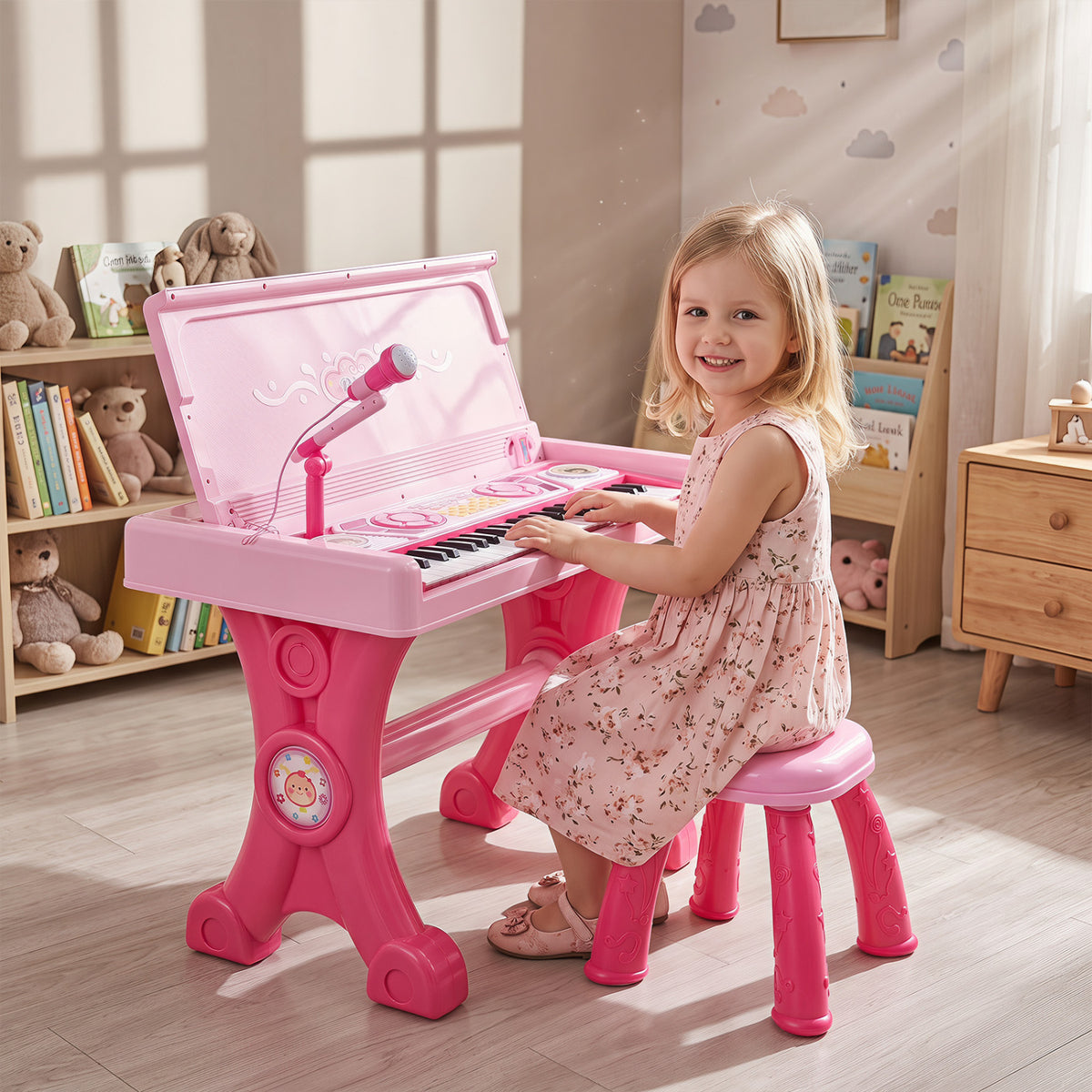 Piano-clavier électrique pour enfants à 49 touches avec tabouret et microphone - rose