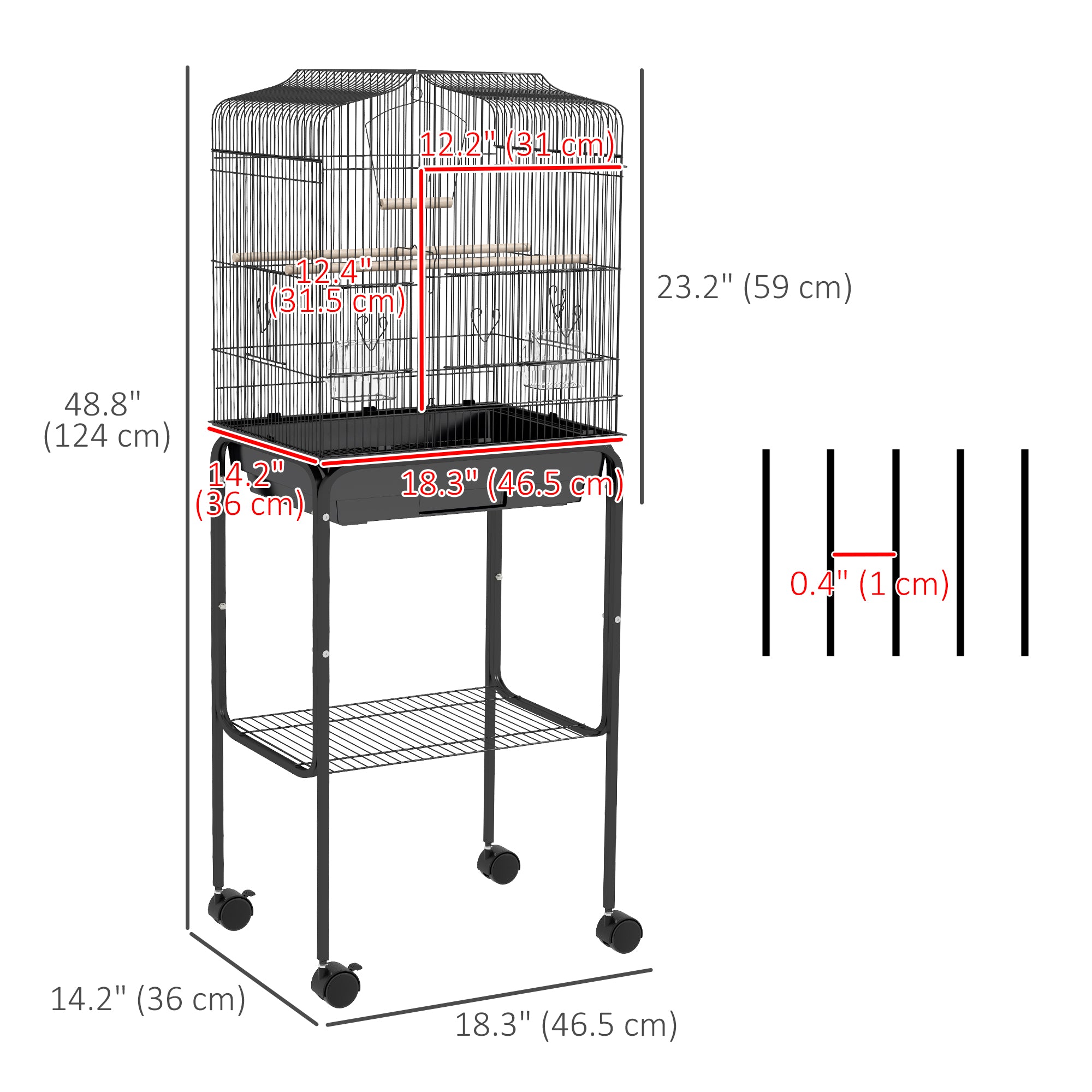 49" Rolling Bird Cage Cockatoo House Play Top Finch Pet Supply with Storage Shelf, Wheels - Black-Birds-DECOROLALA