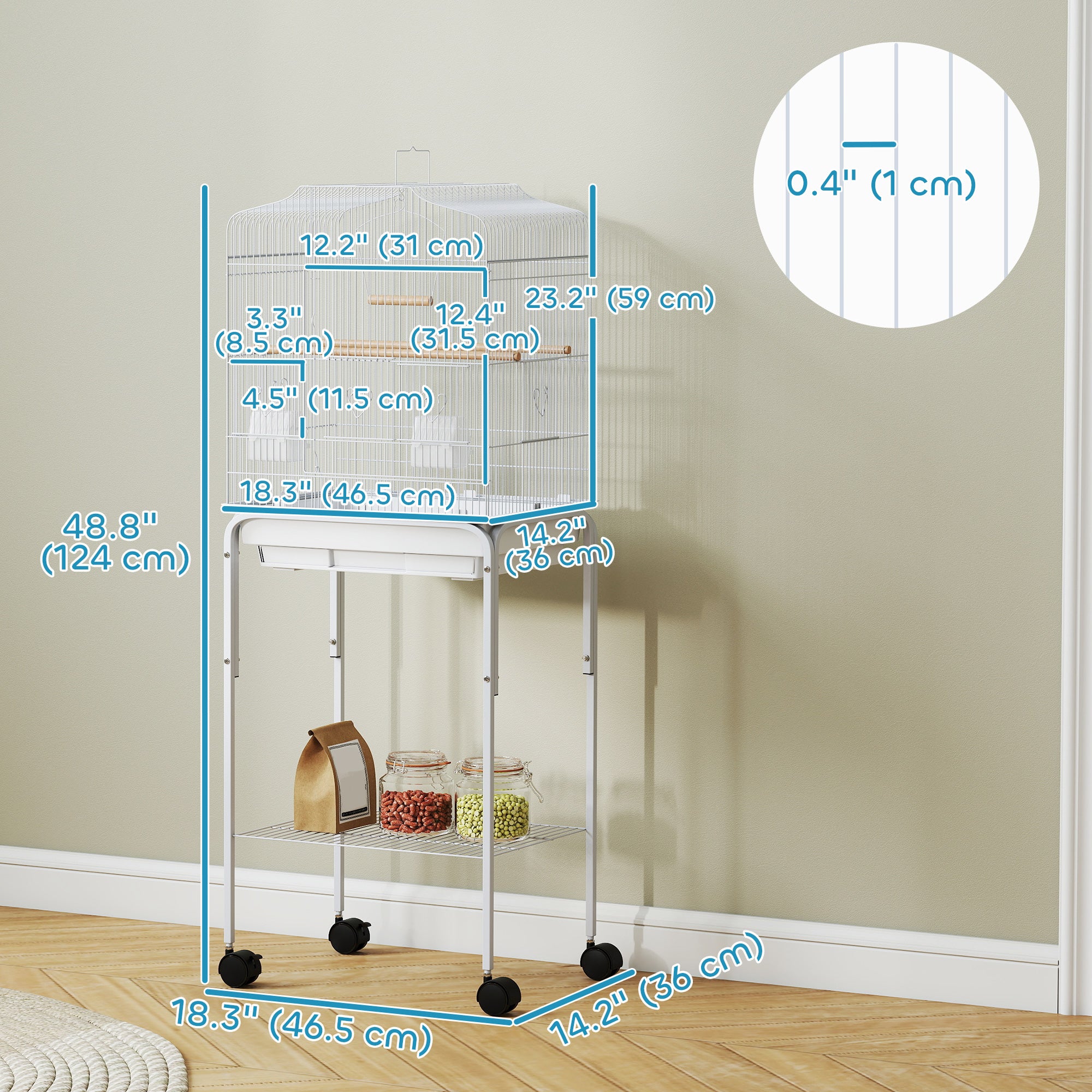 49" Rolling Bird Cage Cockatoo House Play Top Finch Pet Supply with Storage Shelf, Wheels - White-Birds-DECOROLALA