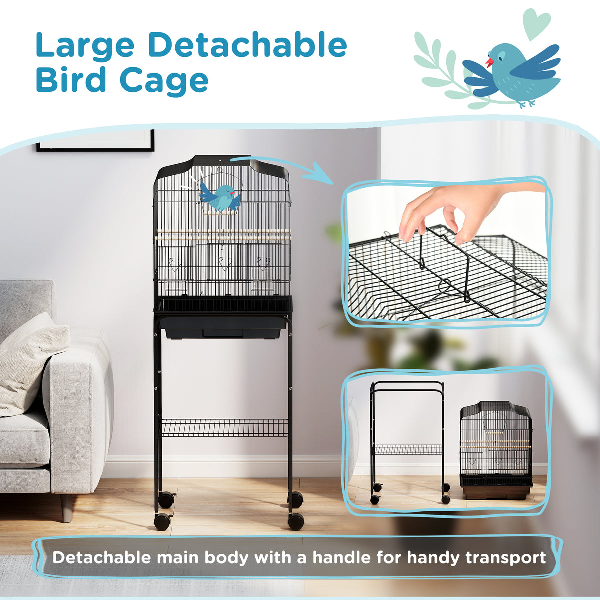 49" Rolling Bird Cage with Storage Shelf and Wheels - Black-Birds-DECOROLALA