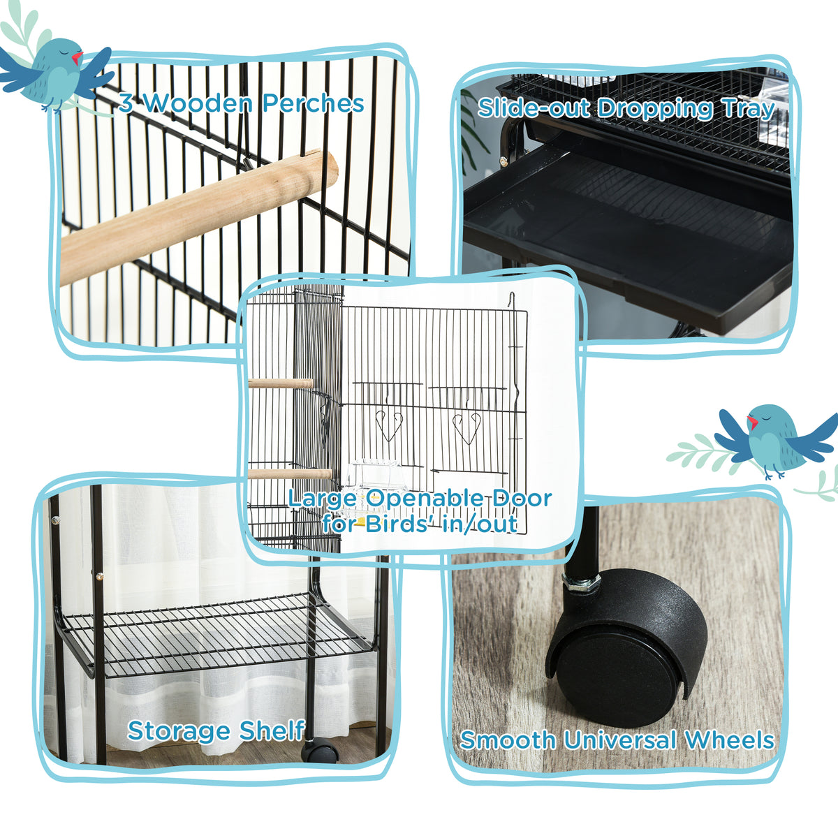49" Rolling Bird Cage with Storage Shelf and Wheels - Black-Birds-DECOROLALA