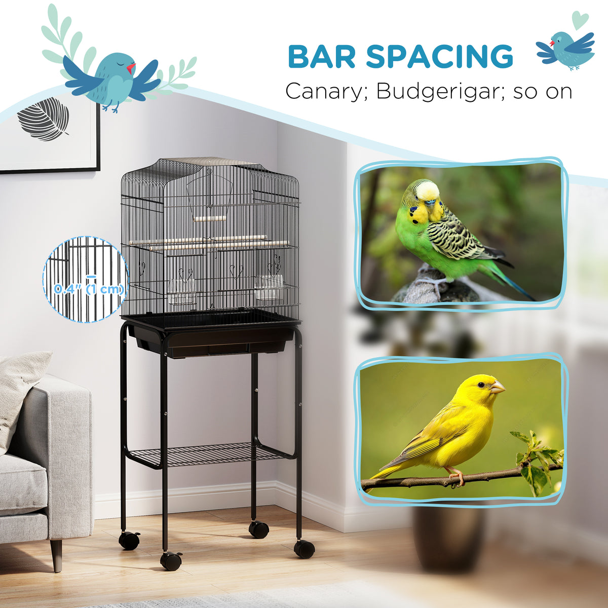 49" Rolling Bird Cage with Storage Shelf and Wheels - Black-Birds-DECOROLALA