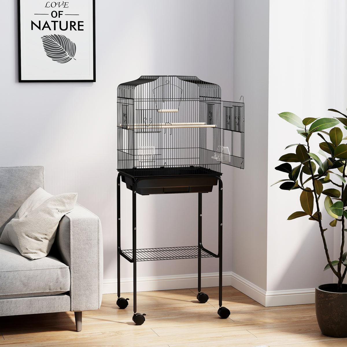 49" Rolling Bird Cage with Storage Shelf and Wheels - Black-Birds-DECOROLALA