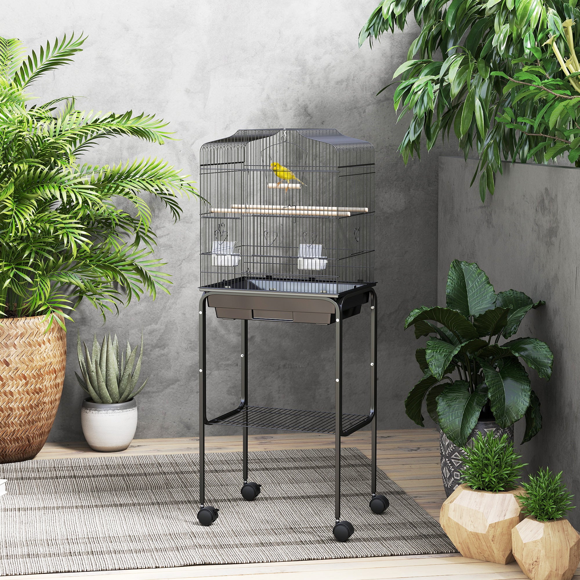 49" Rolling Bird Cage with Storage Shelf and Wheels - Black-Birds-DECOROLALA