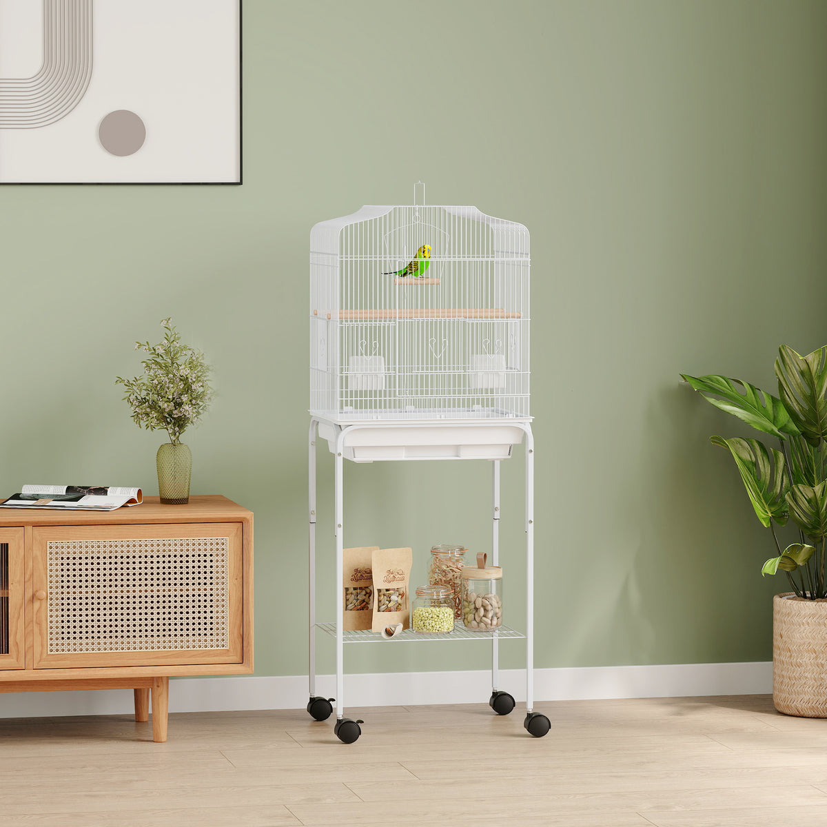 49" Rolling Bird Cage with Storage Shelf and Wheels - White-Bird Supplies-DECOROLALA
