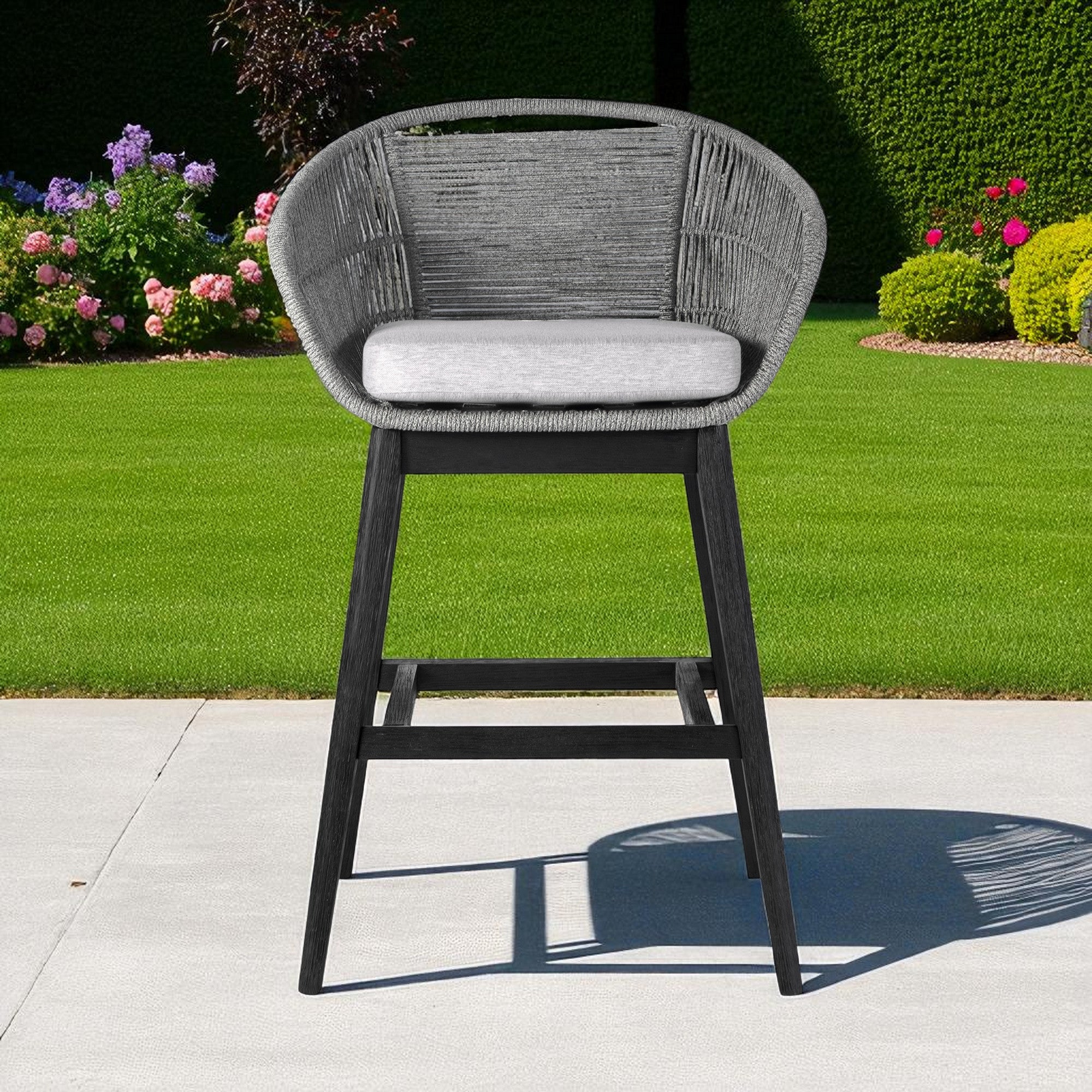 43" Light Gray Solid Wood Low back Outdoor Bar Height chair with Footrest-Outdoor Bar Chairs-DECOROLALA