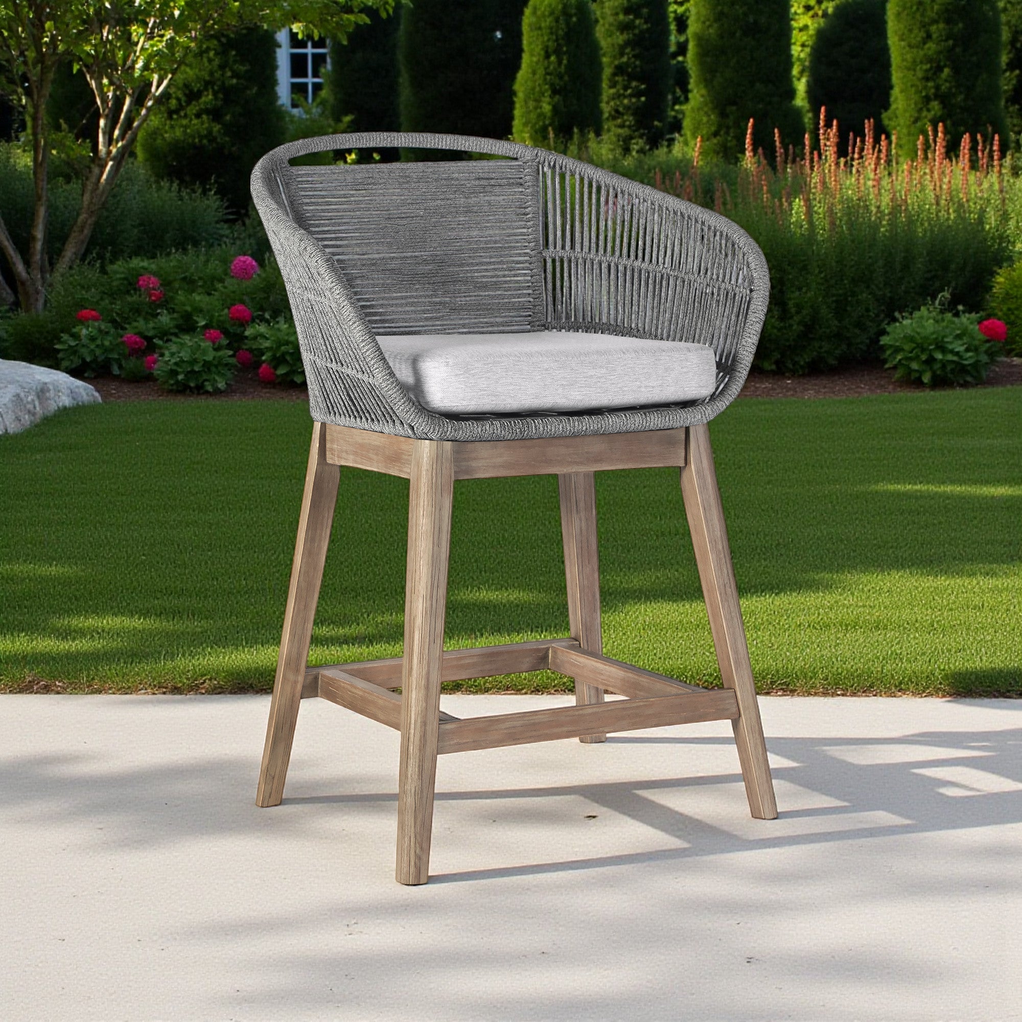 38" Light Gray Solid Wood Low back Outdoor Bar Height chair with Footrest-Outdoor Bar Chairs-DECOROLALA