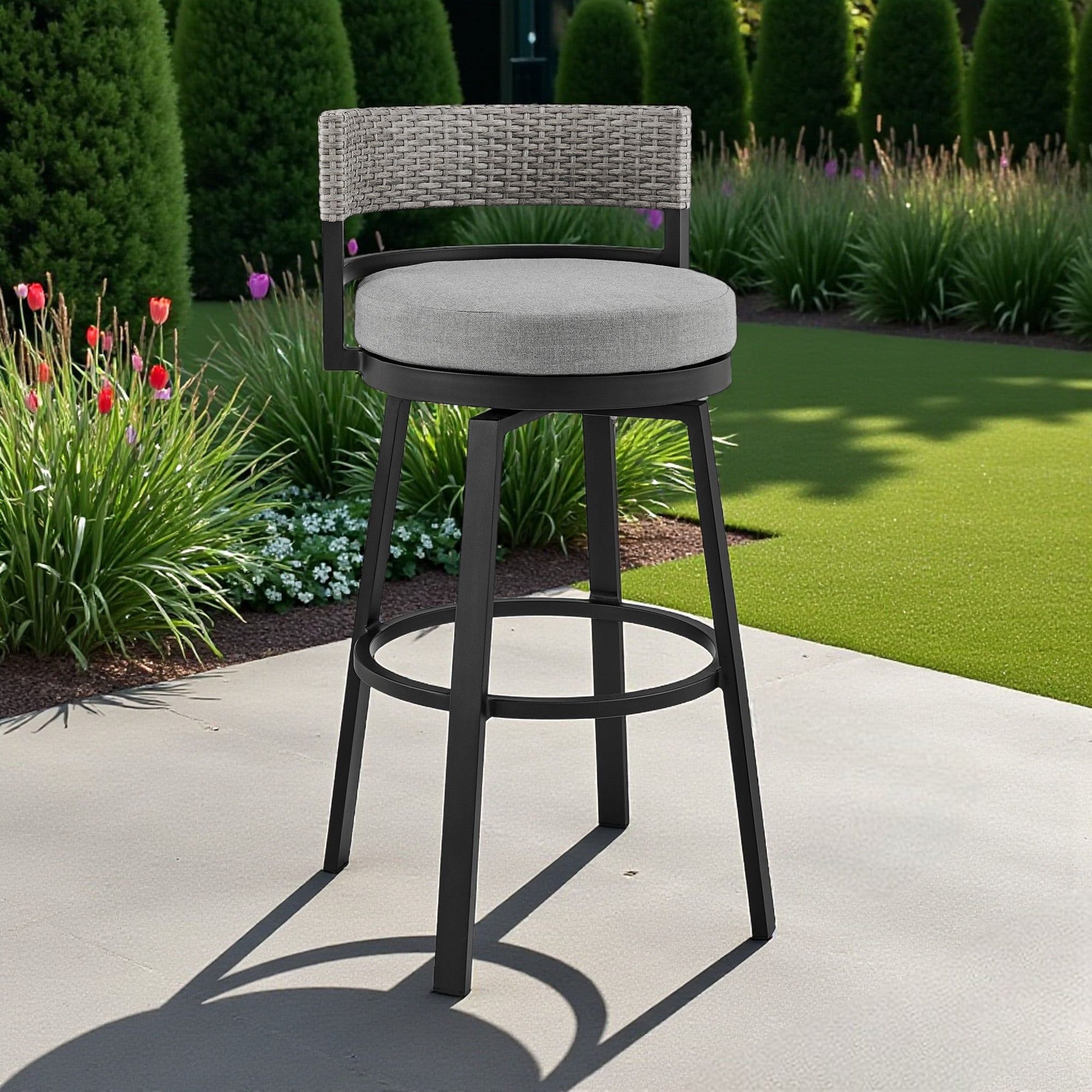 33" Light Gray Metal Swivel Low back Outdoor Bar Height chair with Footrest-Outdoor Bar Chairs-DECOROLALA