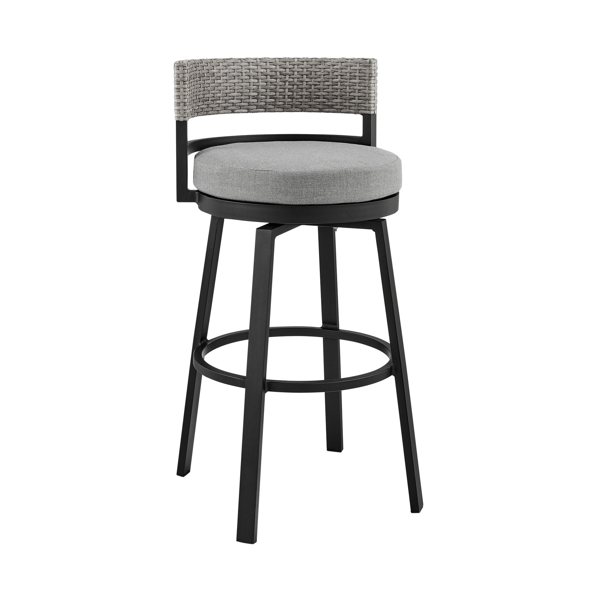 38" Light Gray Metal Swivel Low back Outdoor Bar Height chair with Footrest-Outdoor Bar Chairs-DECOROLALA
