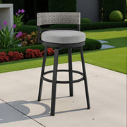 38" Light Gray Metal Swivel Low back Outdoor Bar Height chair with Footrest-Outdoor Bar Chairs-DECOROLALA