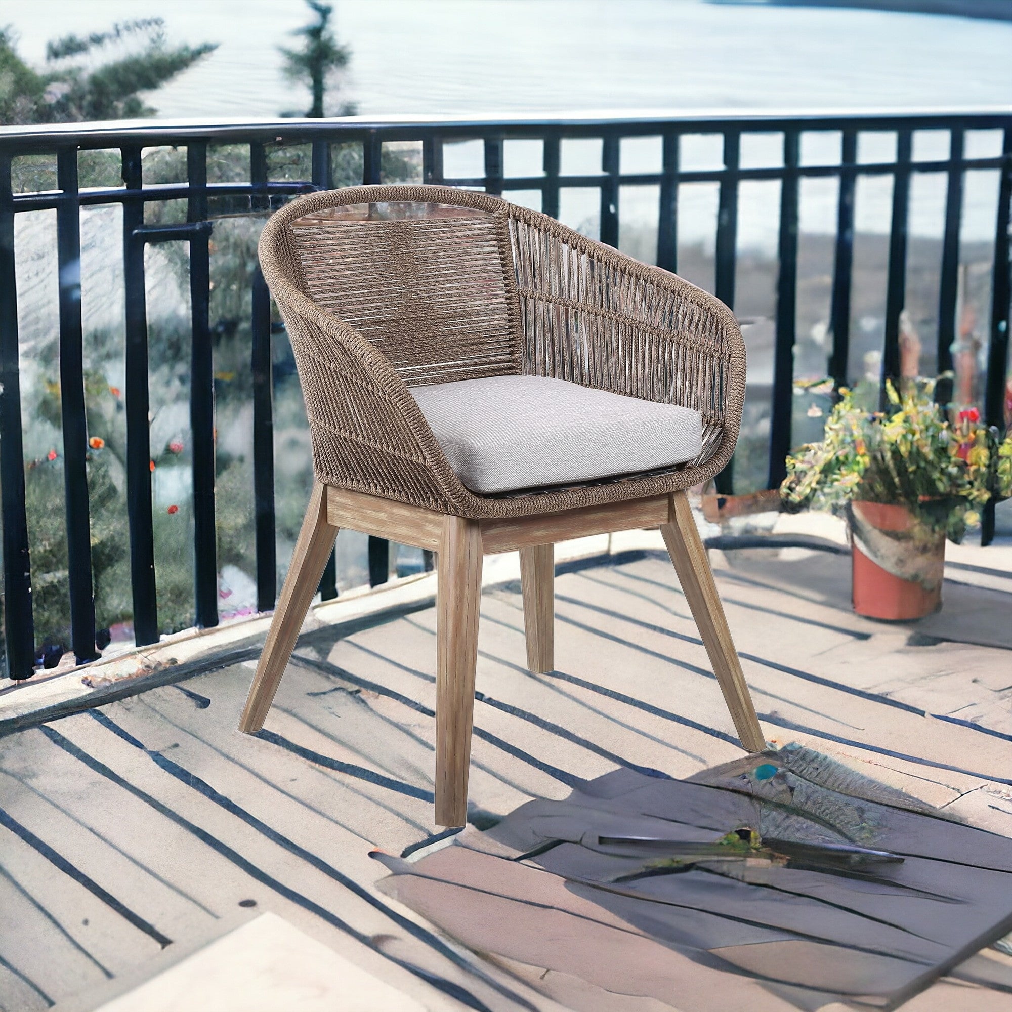 27" Gray and Natural Wood Solid Wood Outdoor Dining Chair with Gray Cushion-1
