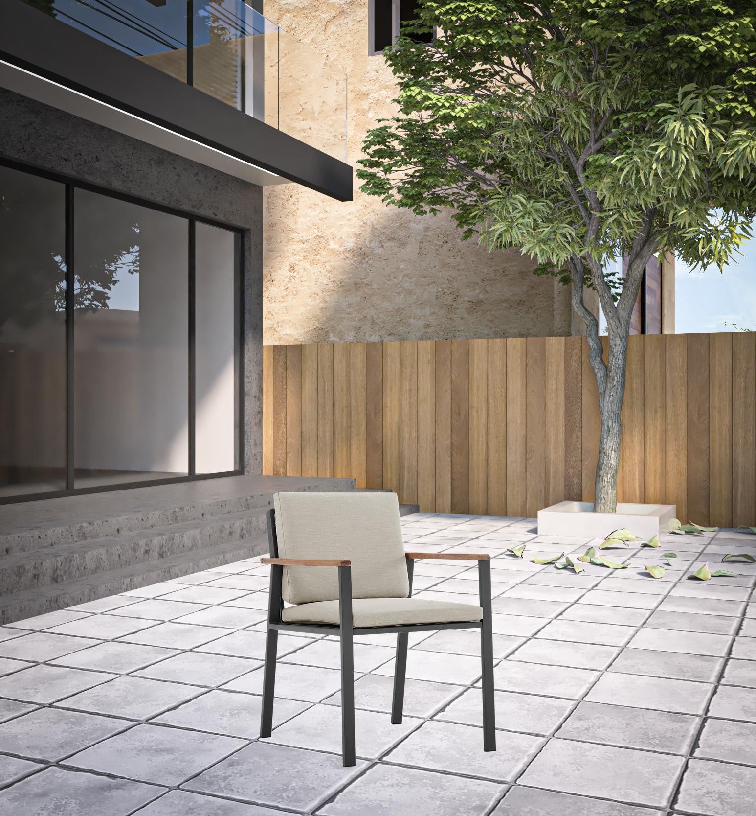 Set of Two 22" Light Gray Solid Wood Outdoor Dining Chair with Taupe Cushion-1