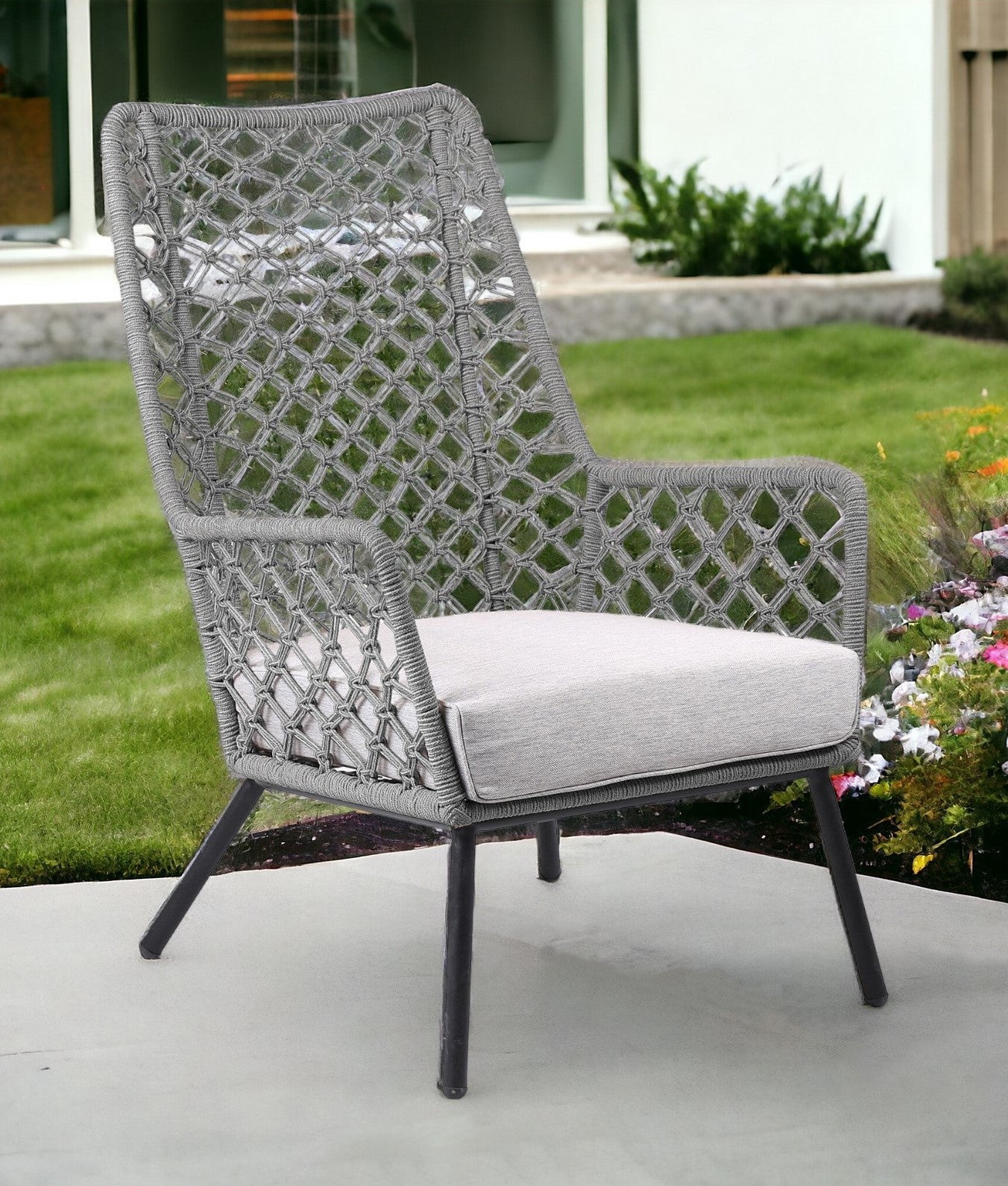 26" Gray and Black Steel Indoor Outdoor Dining Chair with Gray Cushion-Outdoor Chairs-DECOROLALA