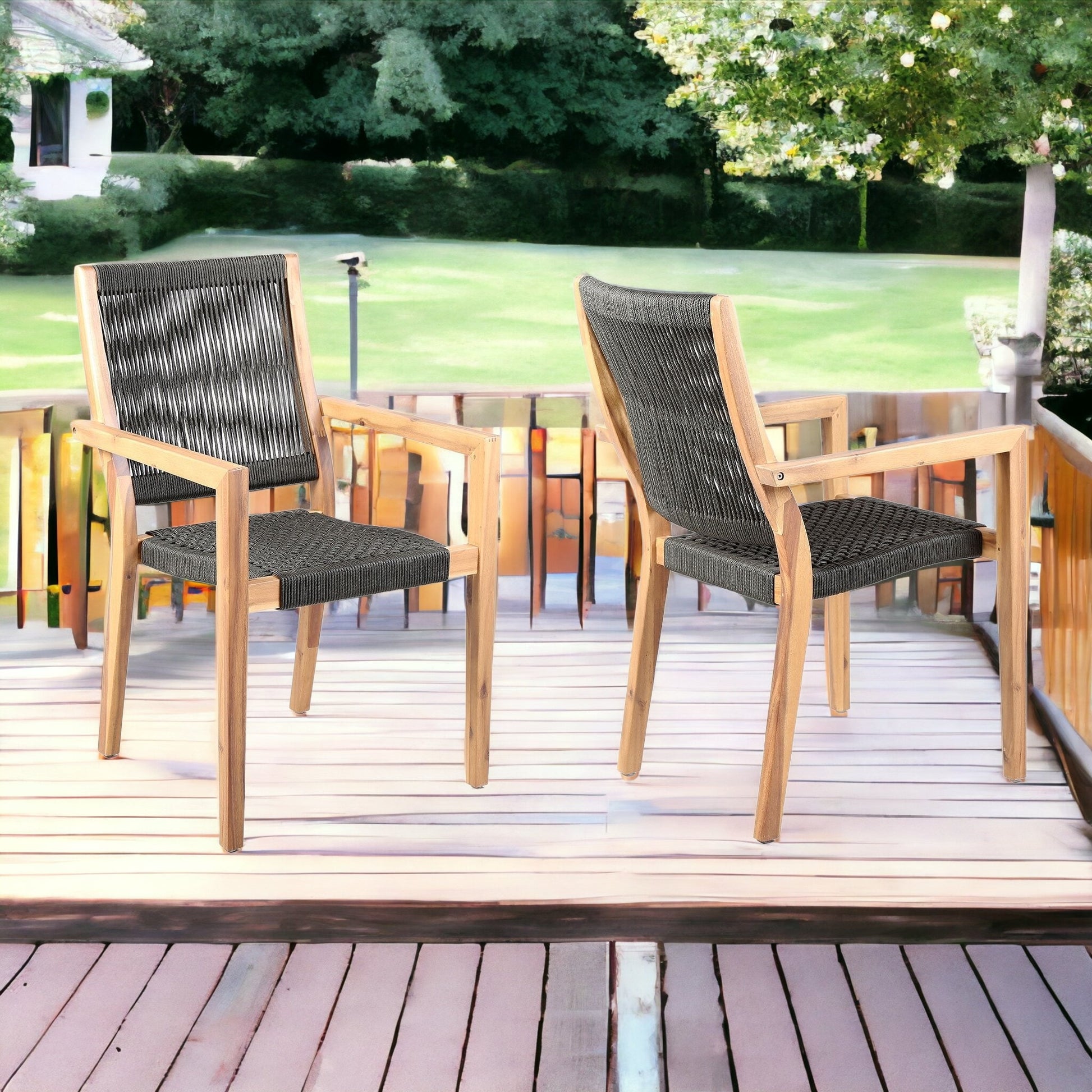 Set of Two 23" Charcoal and Natural Wood Solid Wood Outdoor Arm Chair-Outdoor Chairs-DECOROLALA