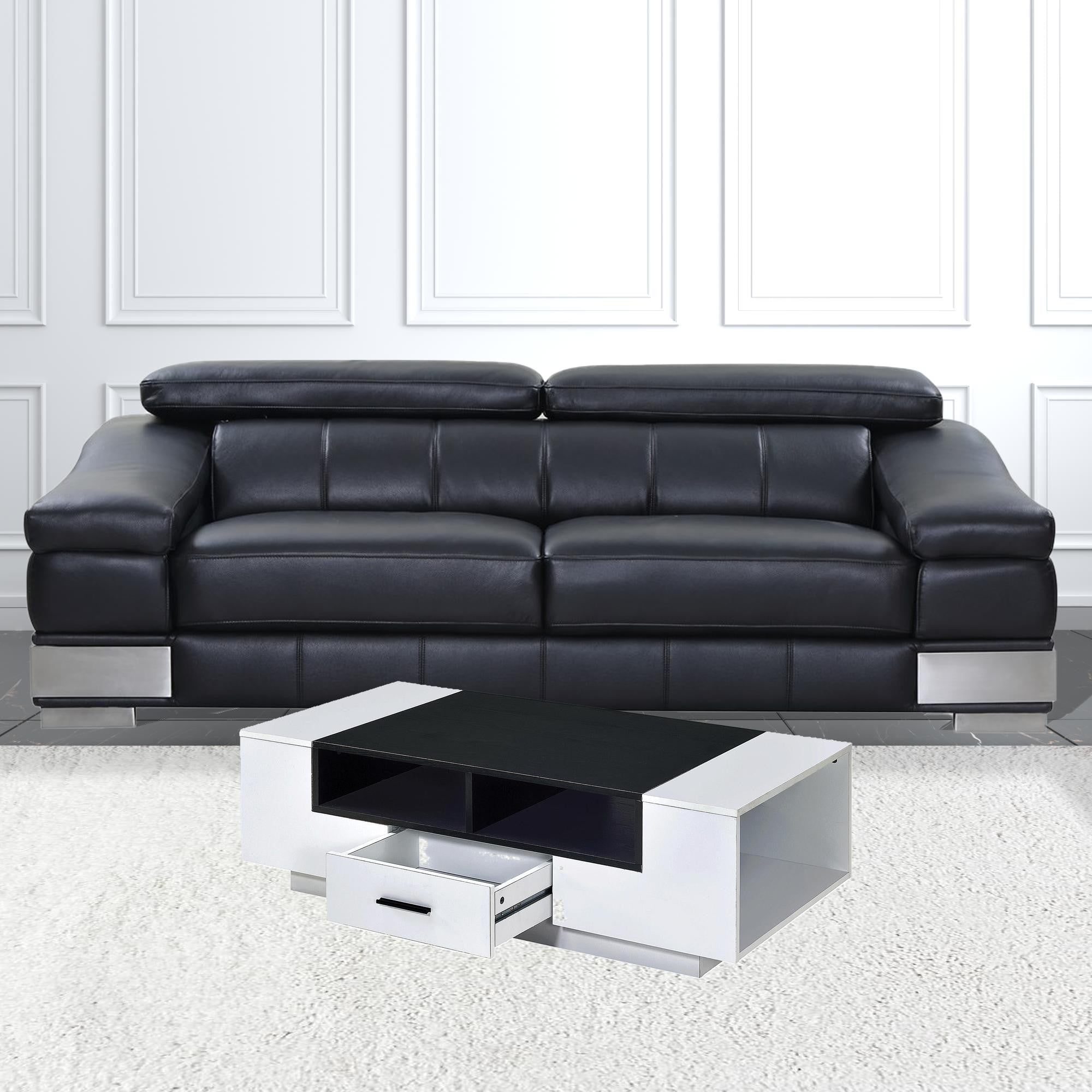47" Black and White Wood Floor Shelf Coffee Table With Drawer And Three Shelves-1