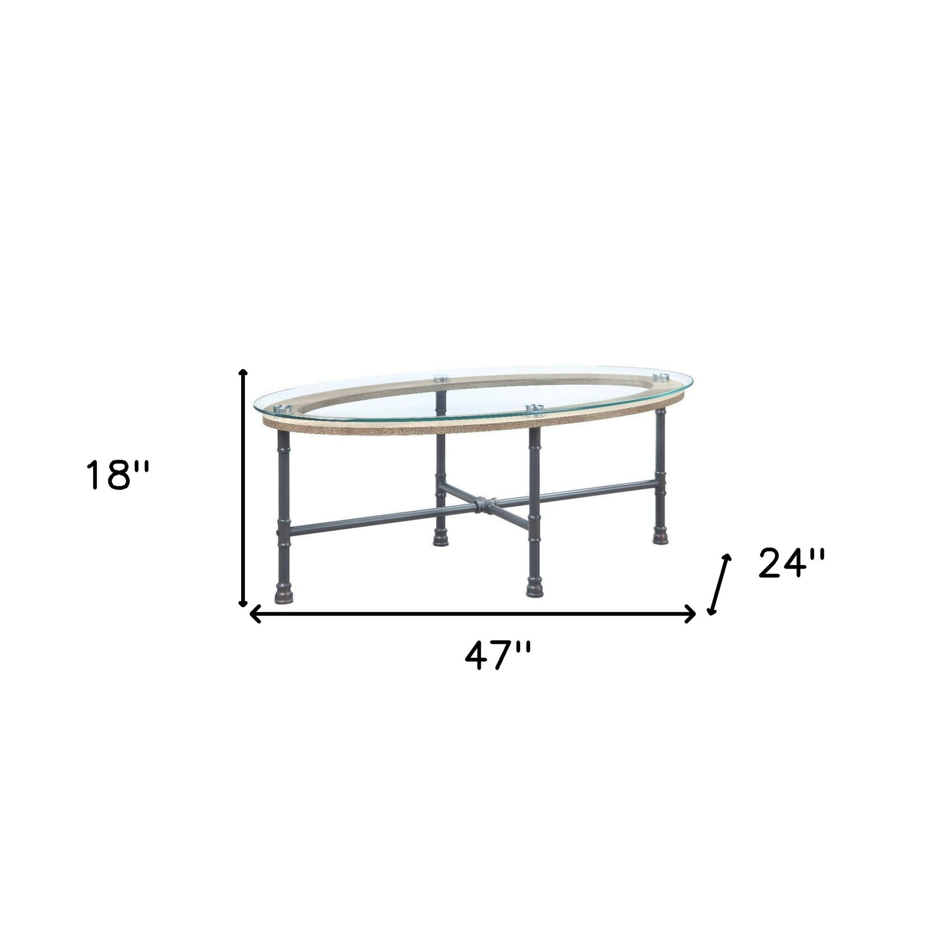 47" Clear and Gray Glass And Metal Oval Sled Coffee Table-Coffee Tables-DECOROLALA