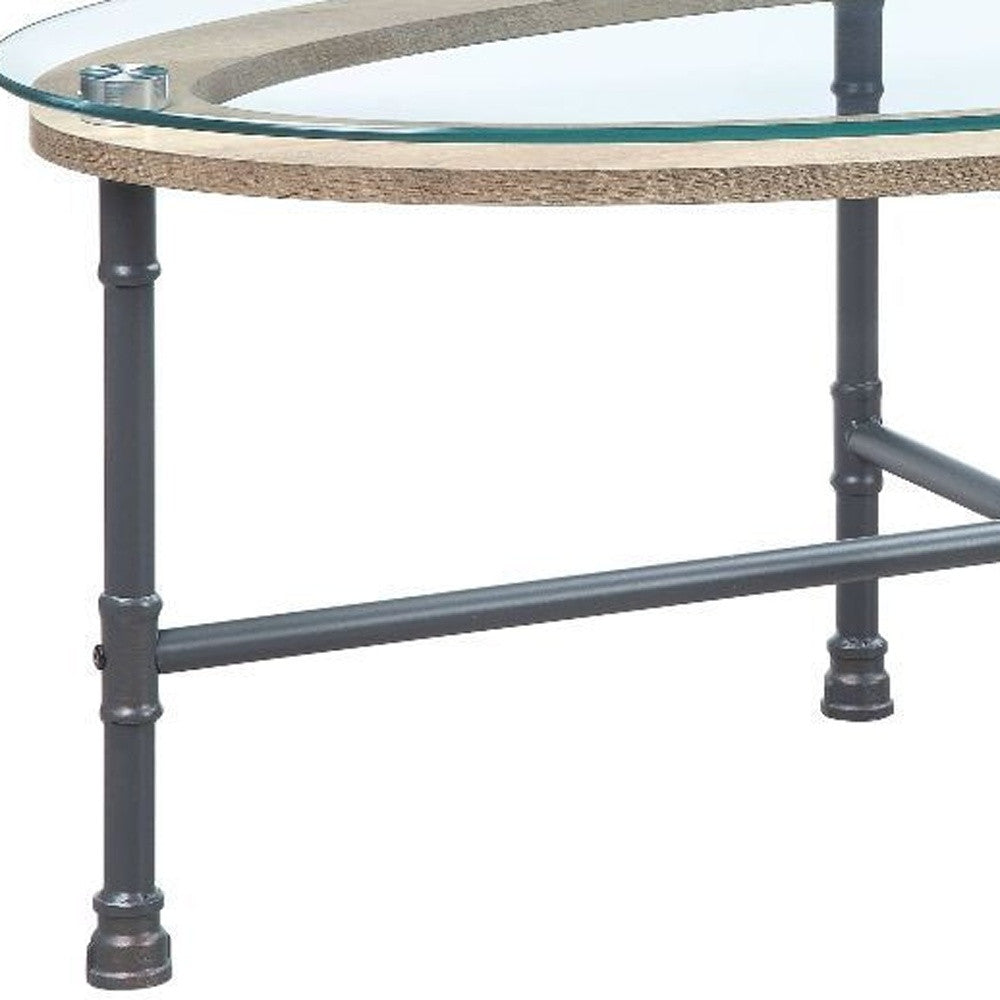 47" Clear and Gray Glass And Metal Oval Sled Coffee Table-Coffee Tables-DECOROLALA