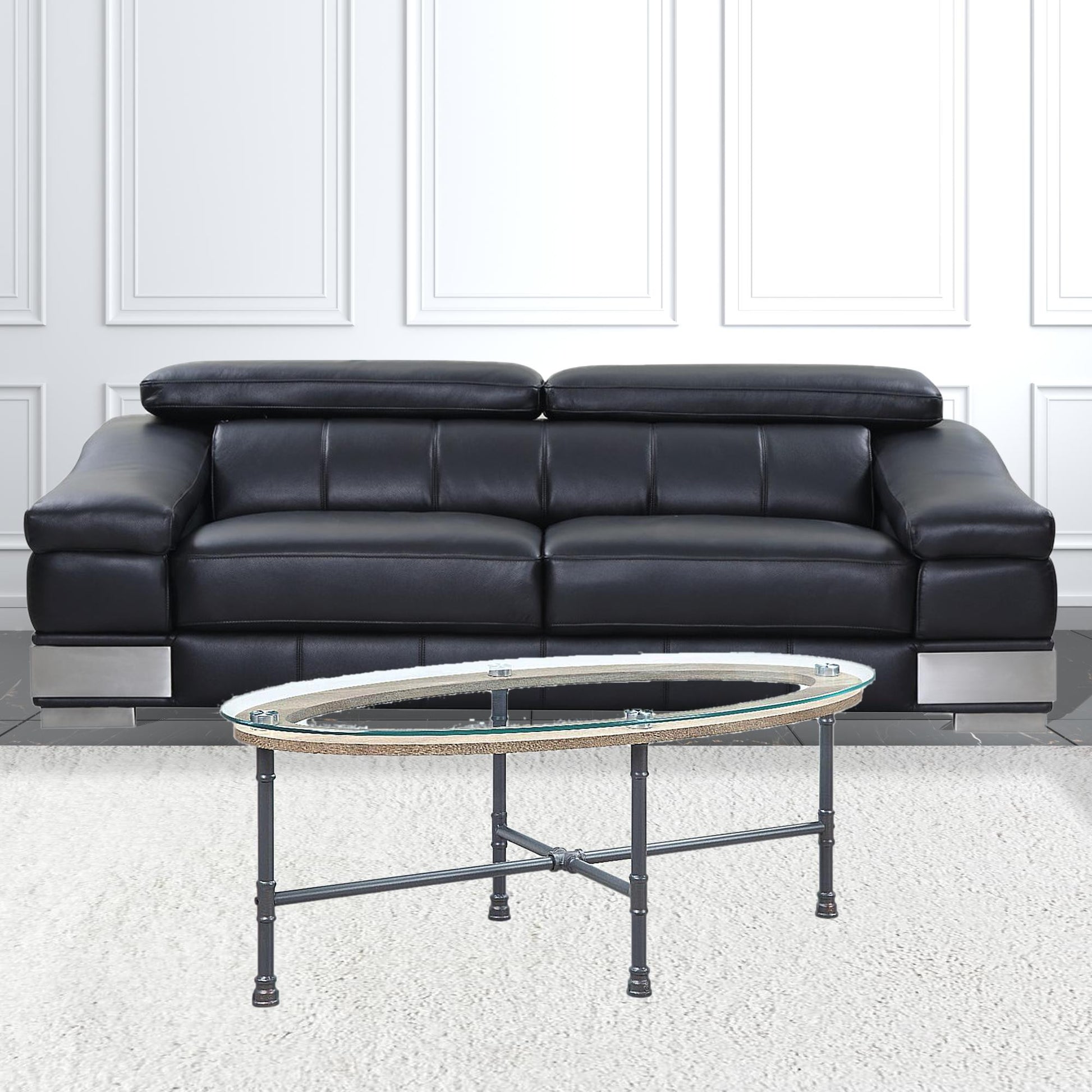 47" Clear and Gray Glass And Metal Oval Sled Coffee Table-Coffee Tables-DECOROLALA