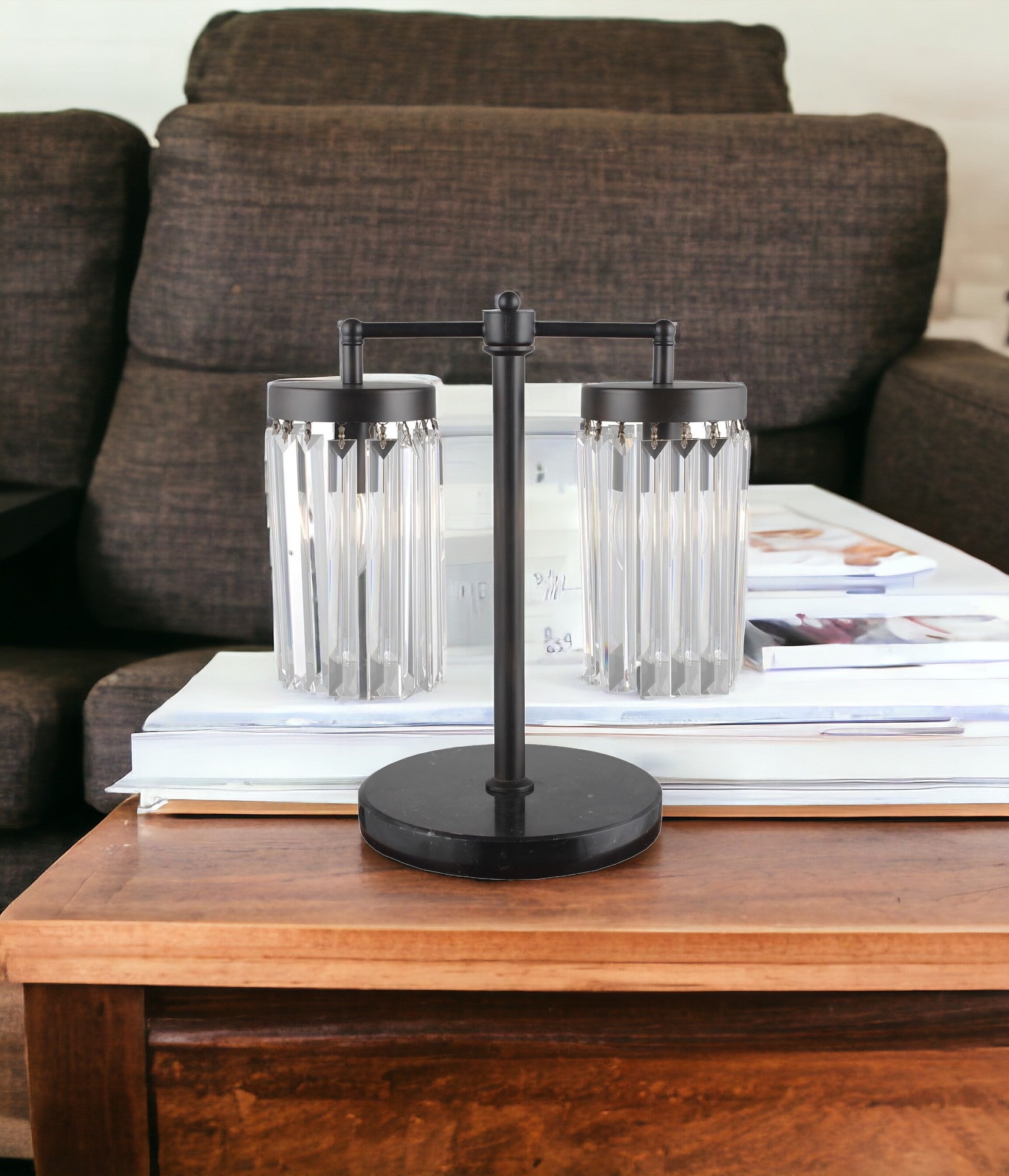18" Black Iron Two Light Cylinder Bedside Table Lamp With Clear Cylinder Shade-Table Lamps-DECOROLALA