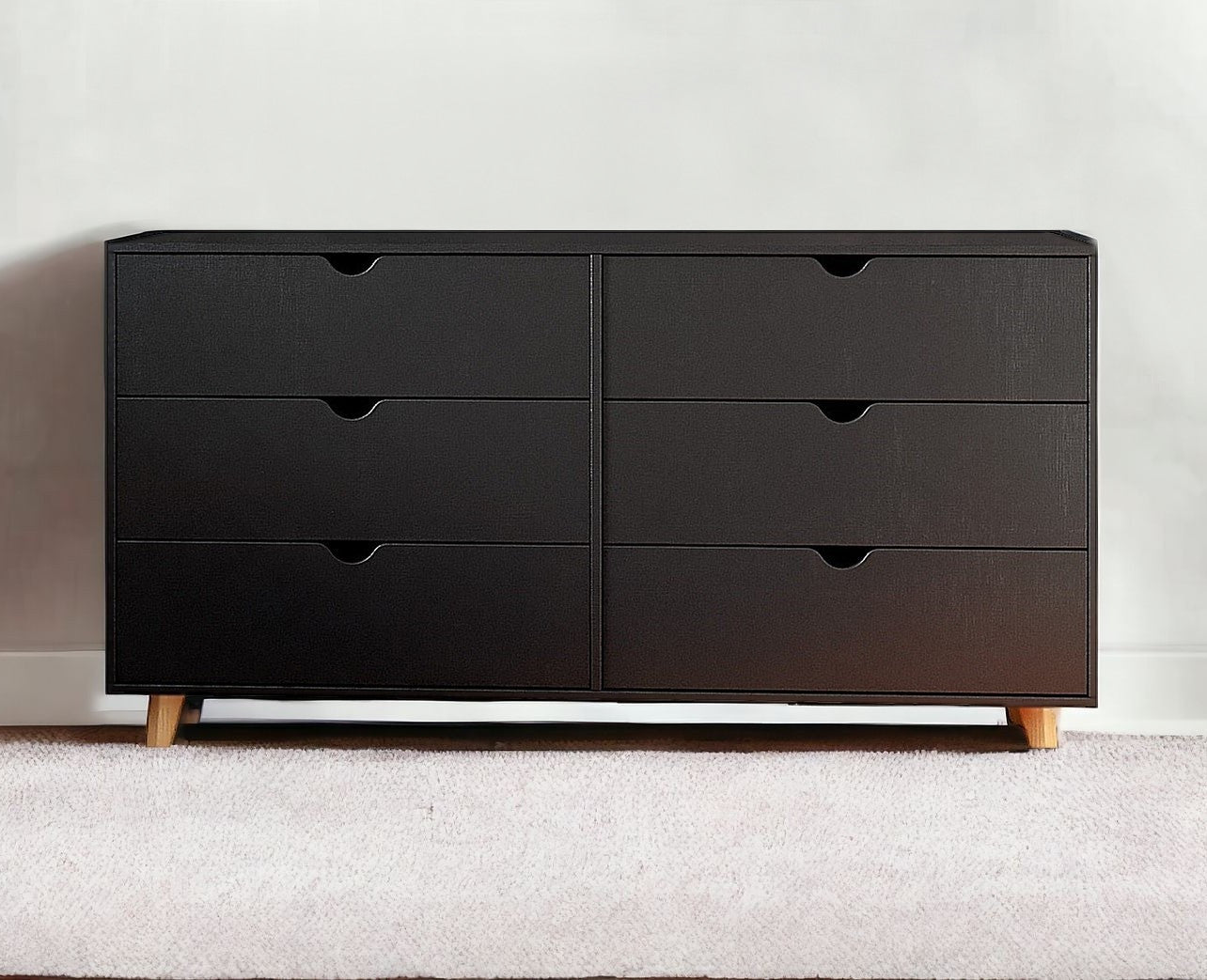 59" Black Scoop Handle Six Drawer Double Dresser-Dressers-DECOROLALA