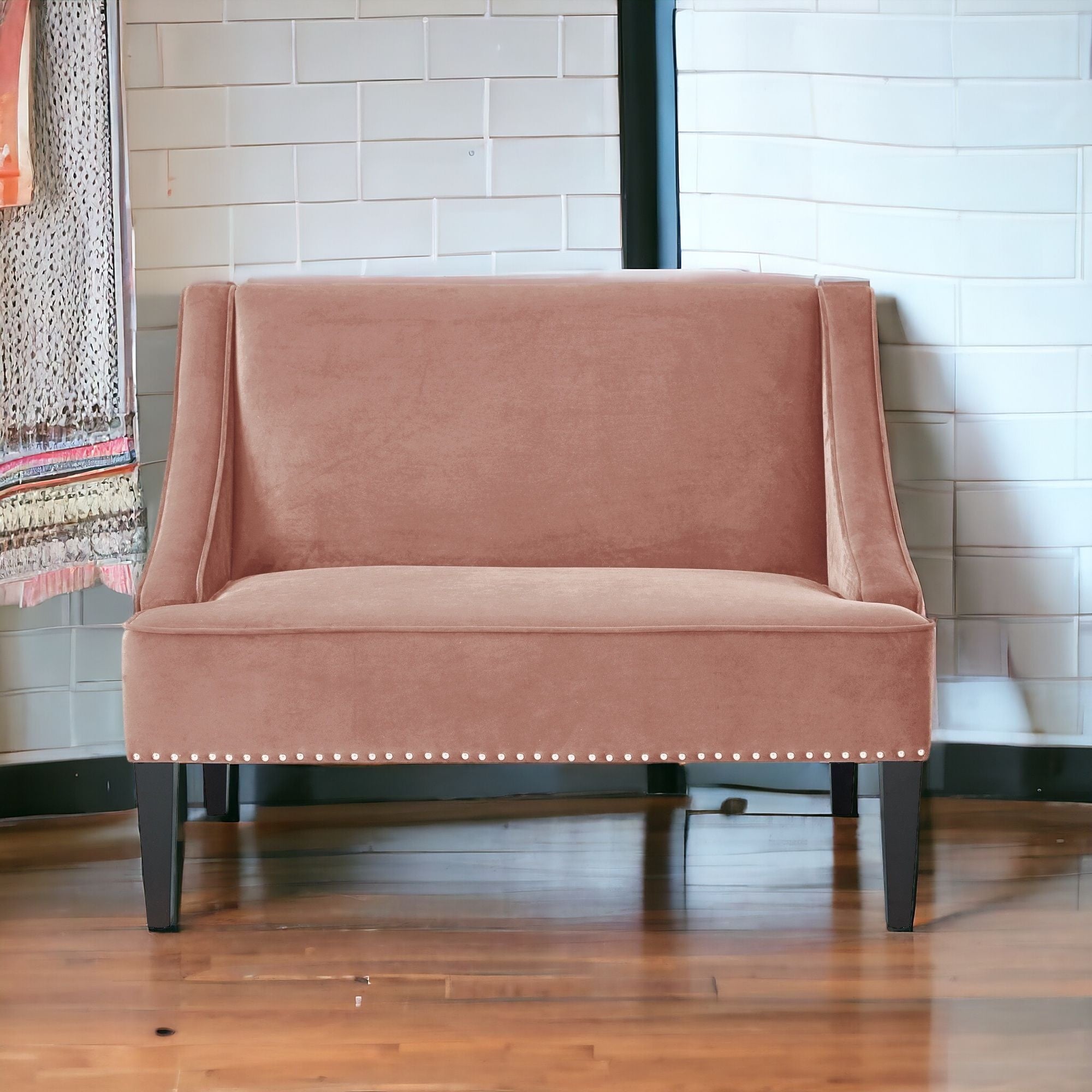 45" Blush And Brown Upholstered Velvet Bench-Benches-DECOROLALA