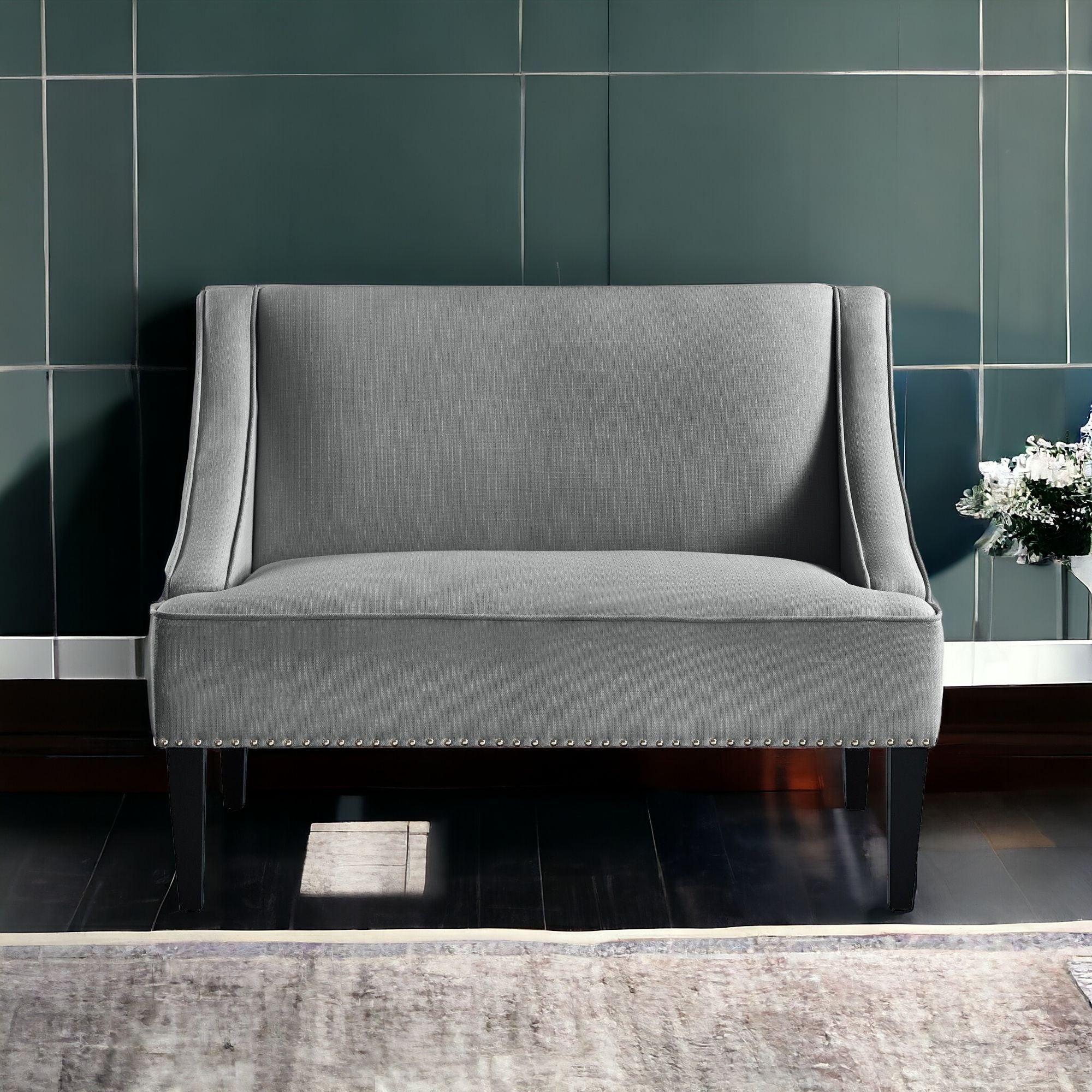 45" Light Gray And Black Upholstered Linen Bench-Benches-DECOROLALA