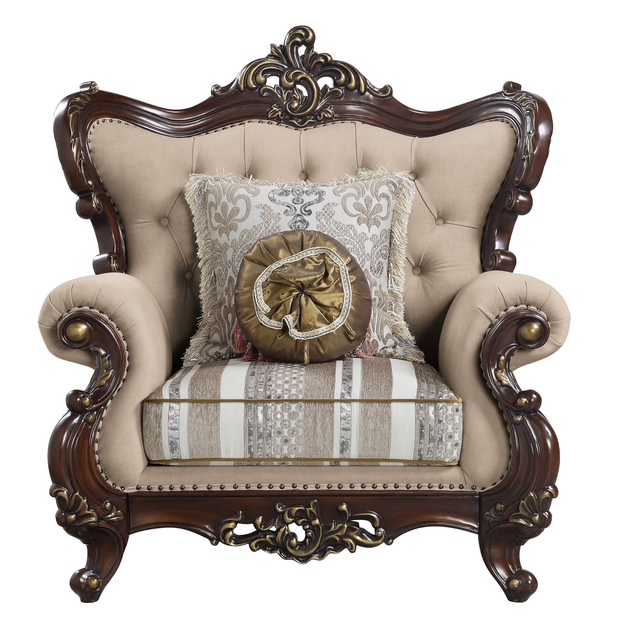48" Beige and Brown Linen Floral Arm Chair And Toss Pillows-Accent Chairs-DECOROLALA