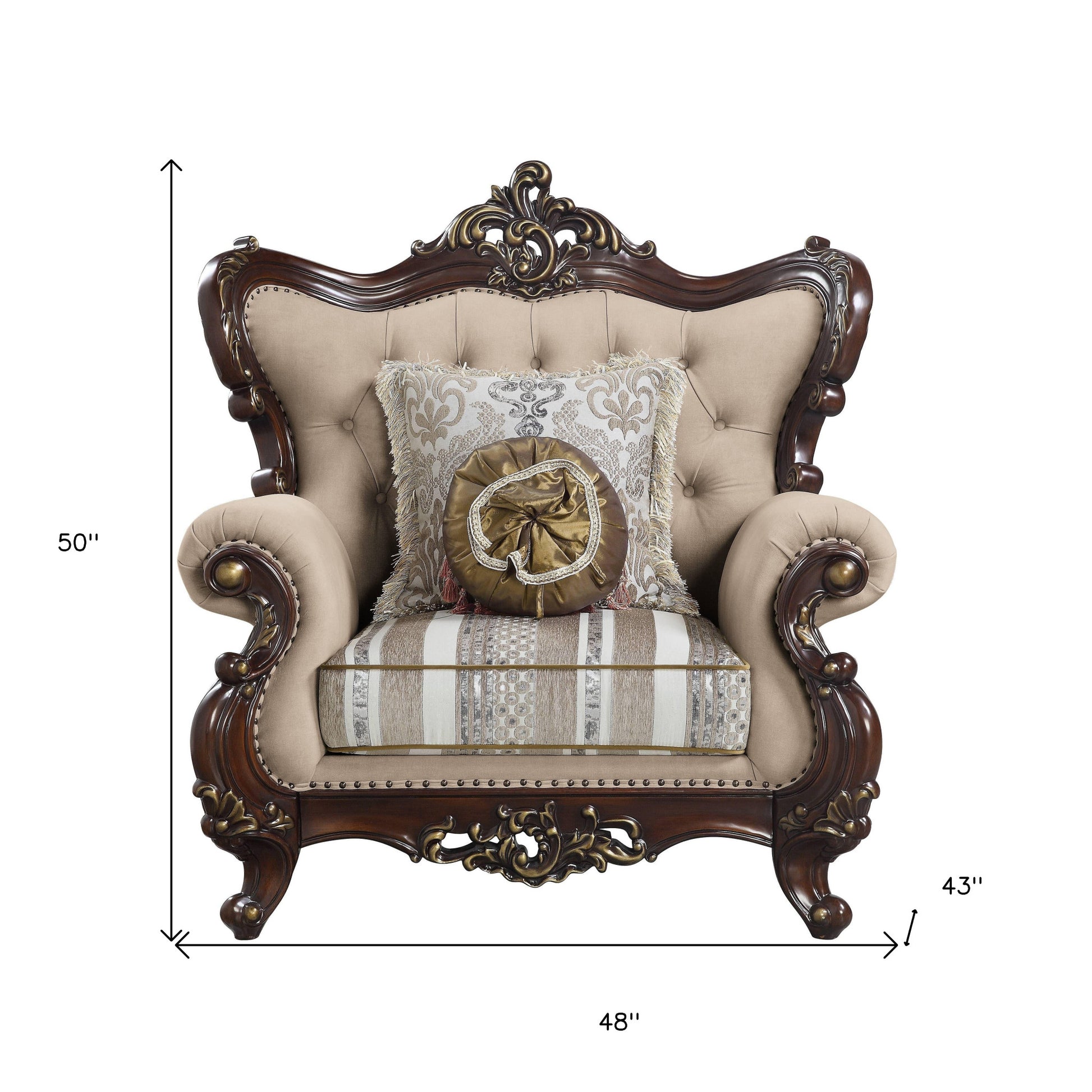 48" Beige and Brown Linen Floral Arm Chair And Toss Pillows-Accent Chairs-DECOROLALA