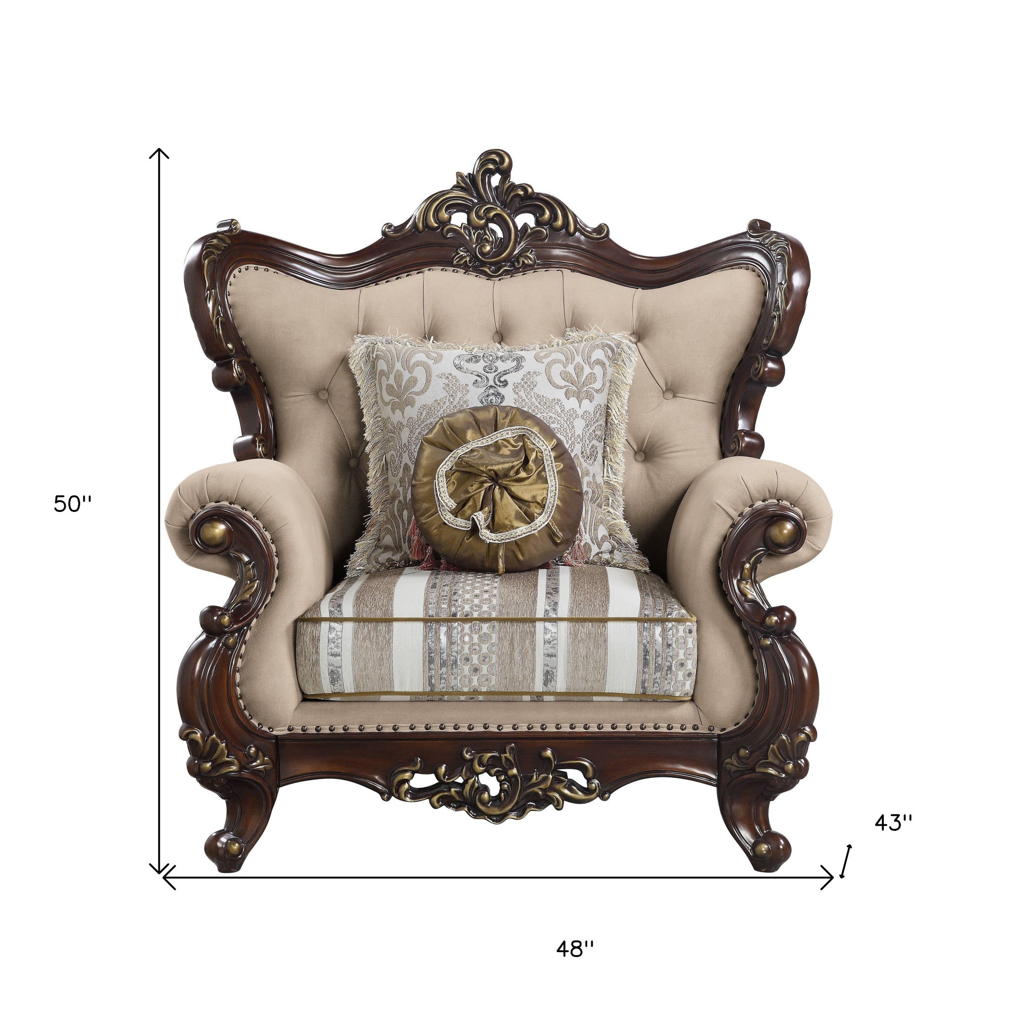48" Beige and Brown Linen Floral Arm Chair And Toss Pillows-Accent Chairs-DECOROLALA