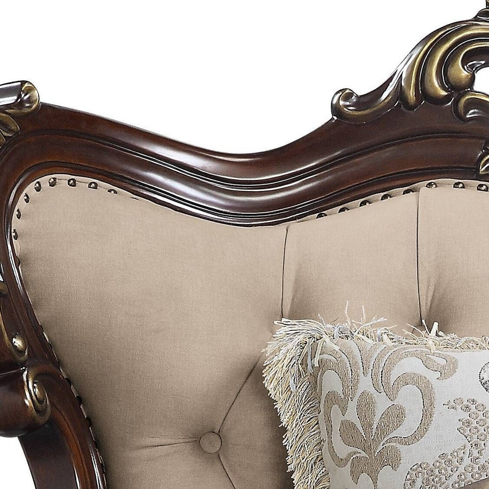 48" Beige and Brown Linen Floral Arm Chair And Toss Pillows-Accent Chairs-DECOROLALA