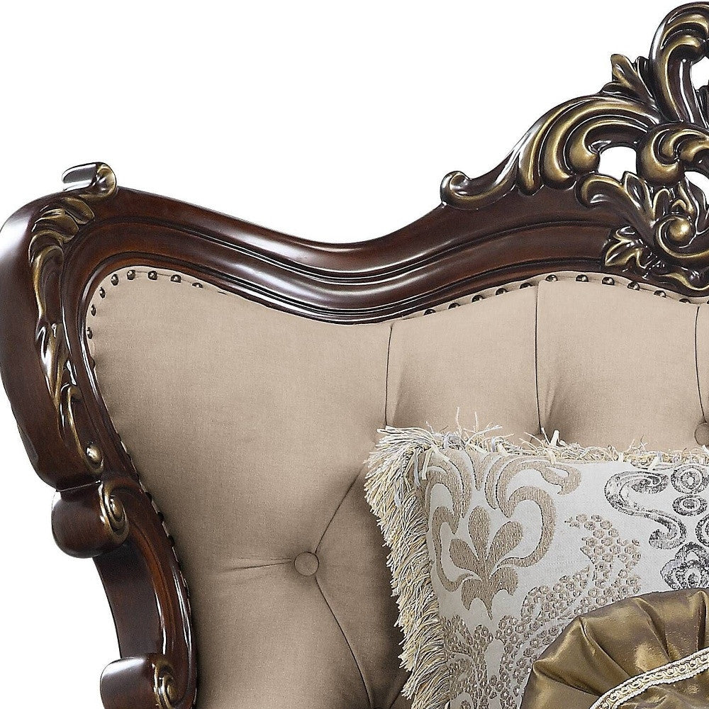 48" Beige and Brown Linen Floral Arm Chair And Toss Pillows-Accent Chairs-DECOROLALA