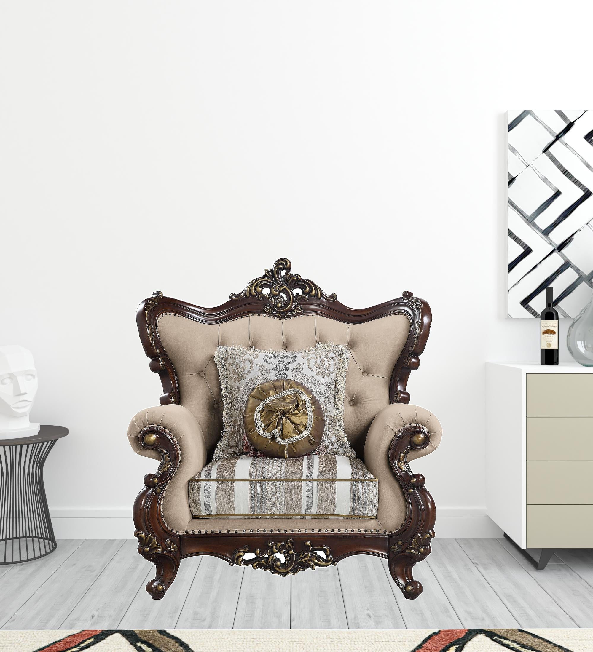 48" Beige and Brown Linen Floral Arm Chair And Toss Pillows-Accent Chairs-DECOROLALA