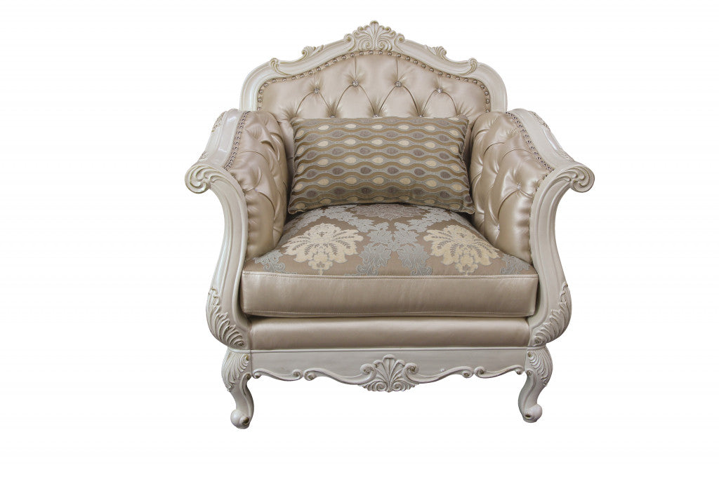 40" Beige and White Faux Leather Tufted Arm Chair And Toss Pillow-Accent Chairs-DECOROLALA