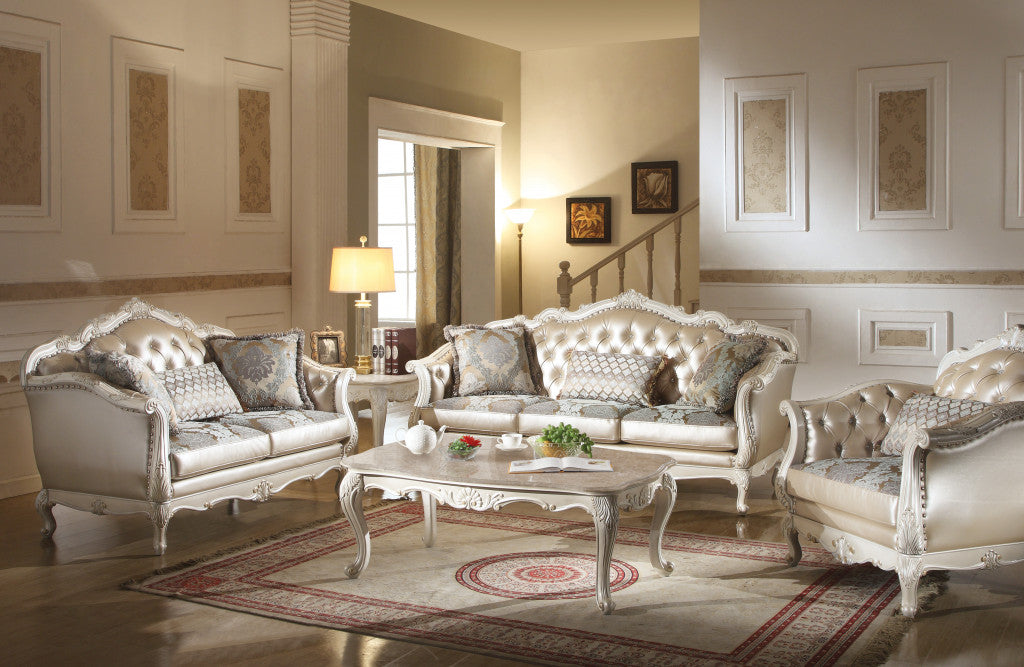 40" Beige and White Faux Leather Tufted Arm Chair And Toss Pillow-Accent Chairs-DECOROLALA