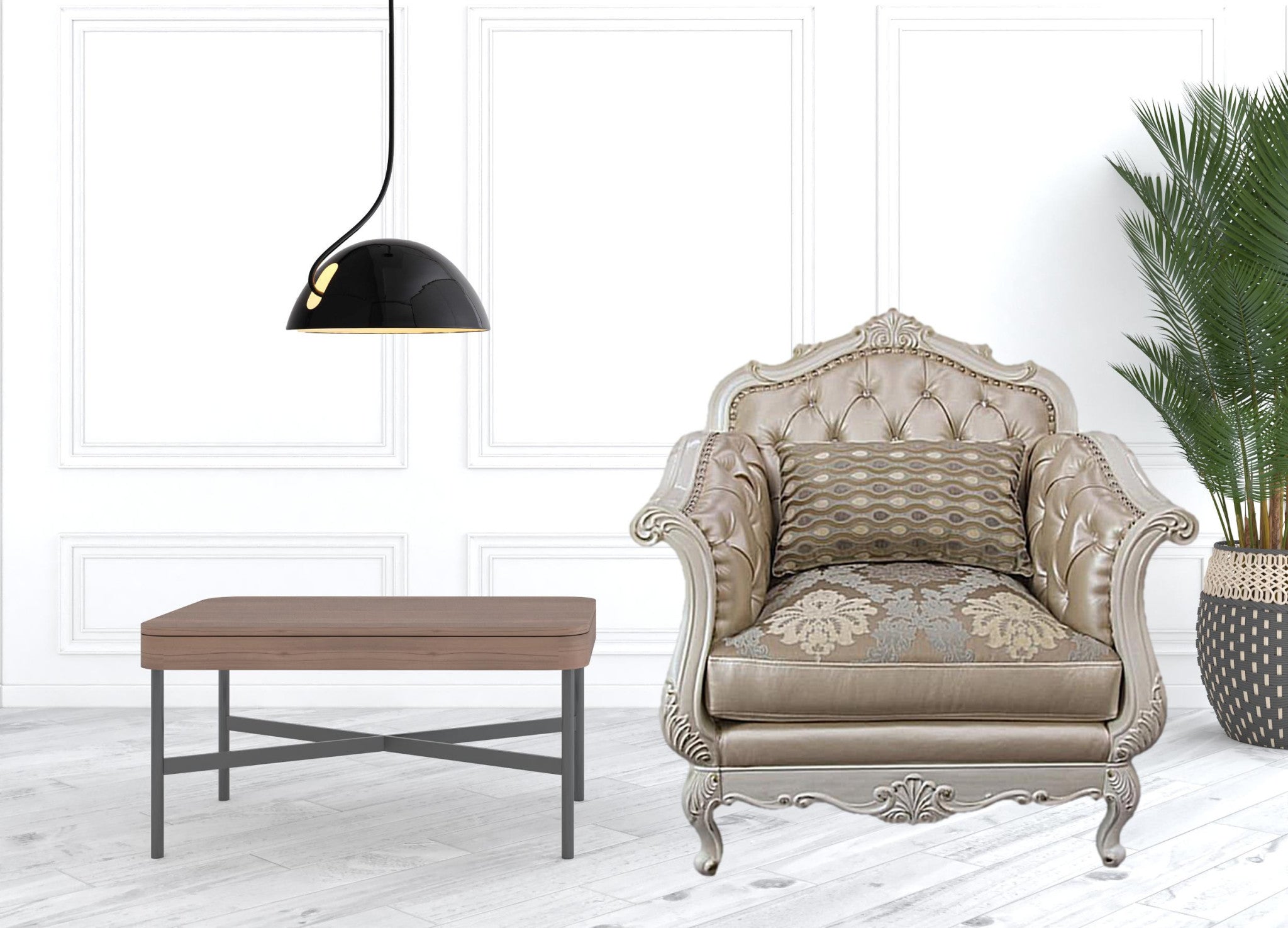 40" Beige and White Faux Leather Tufted Arm Chair And Toss Pillow-Accent Chairs-DECOROLALA