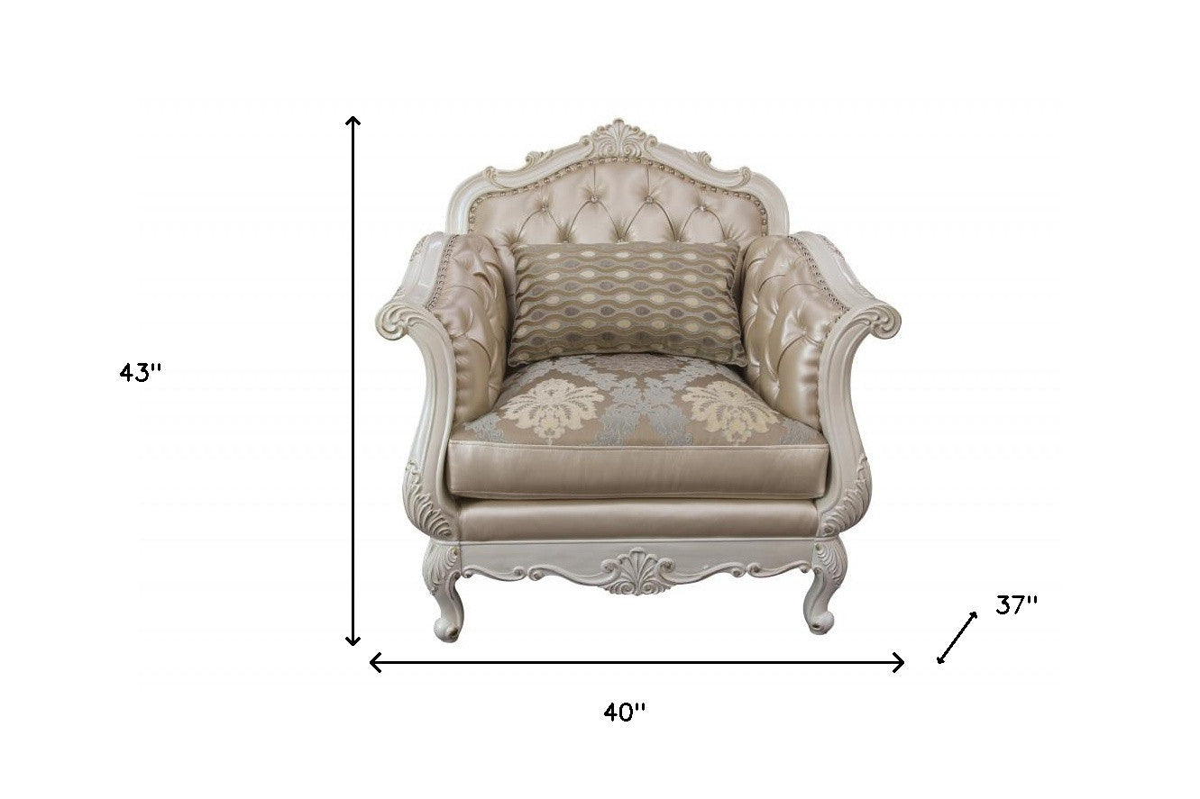 40" Beige and White Faux Leather Tufted Arm Chair And Toss Pillow-Accent Chairs-DECOROLALA