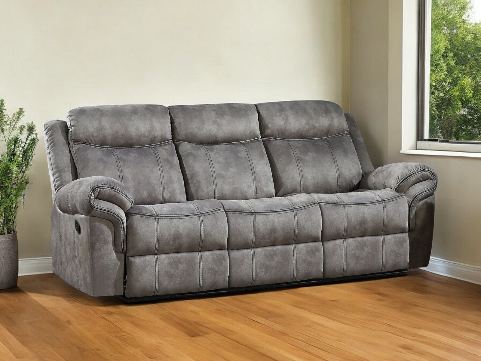 87" Gray Velvet Reclining USB Sofa With Black Legs-0