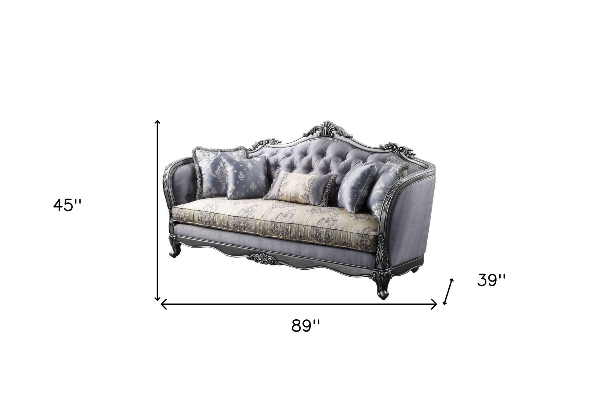 89" Platinum Imitation Silk Damask Sofa And Toss Pillows-4