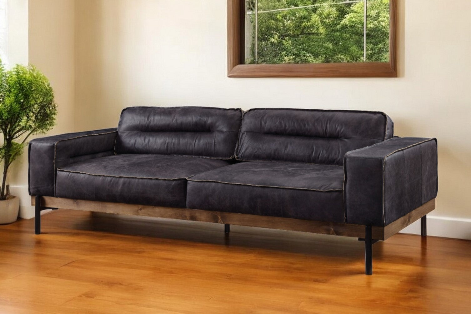 96" Ebony Top Grain Leather Sofa With Black Legs-1